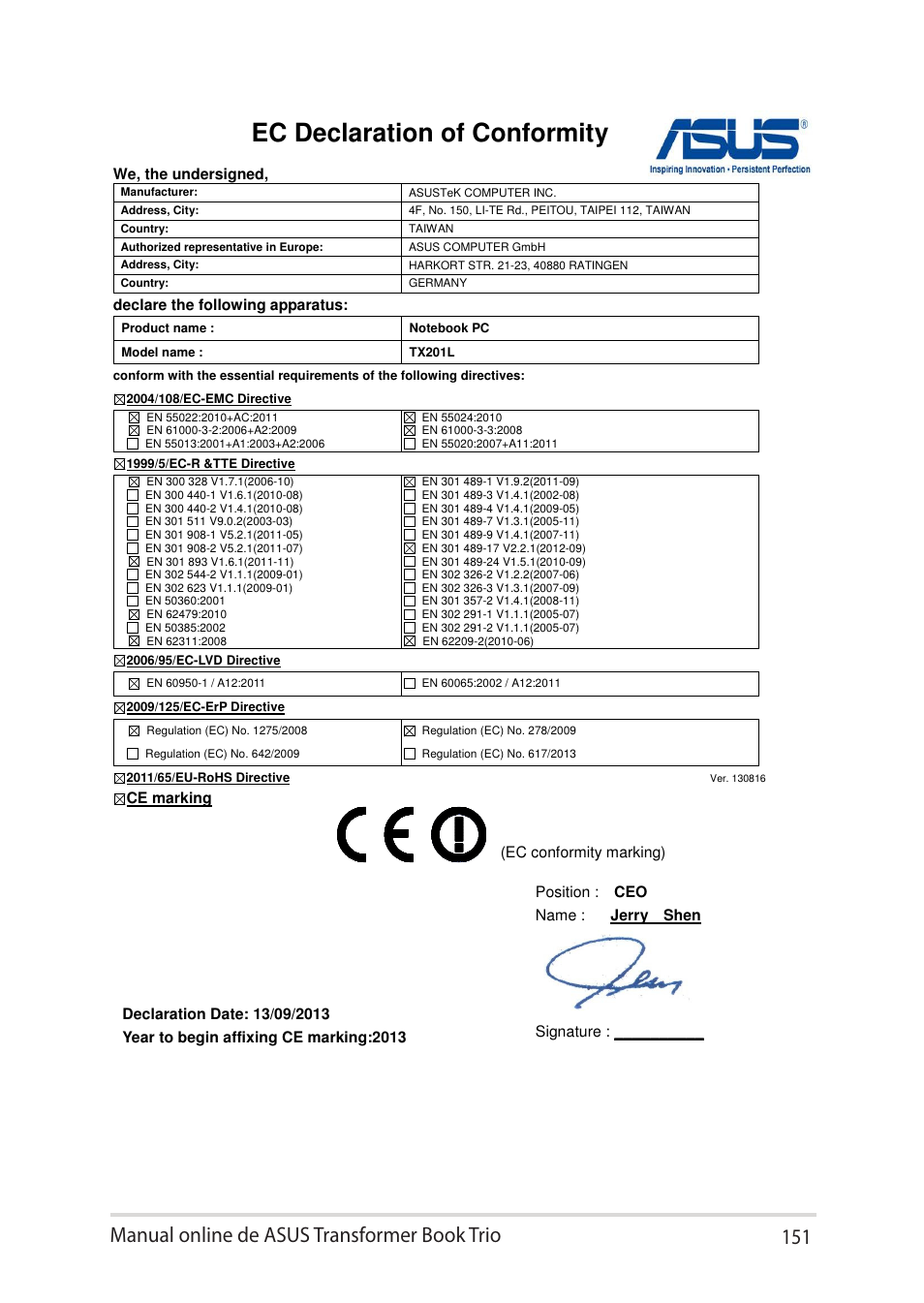 Ec declaration of conformity, Manual online de asus transformer book trio 11 | Asus TX201LA User Manual | Page 151 / 152