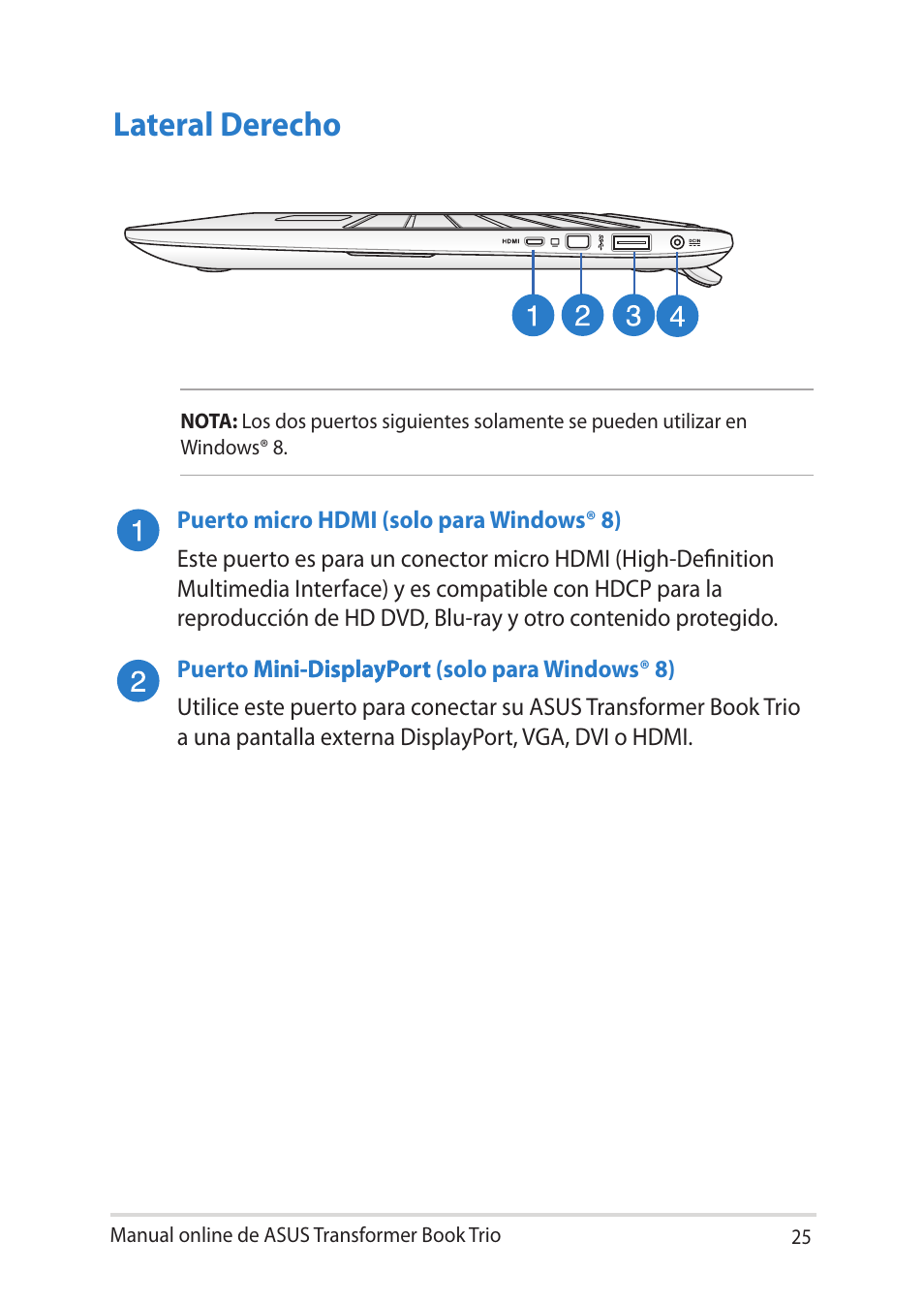 Lateral derecho | Asus TX201LA User Manual | Page 25 / 152