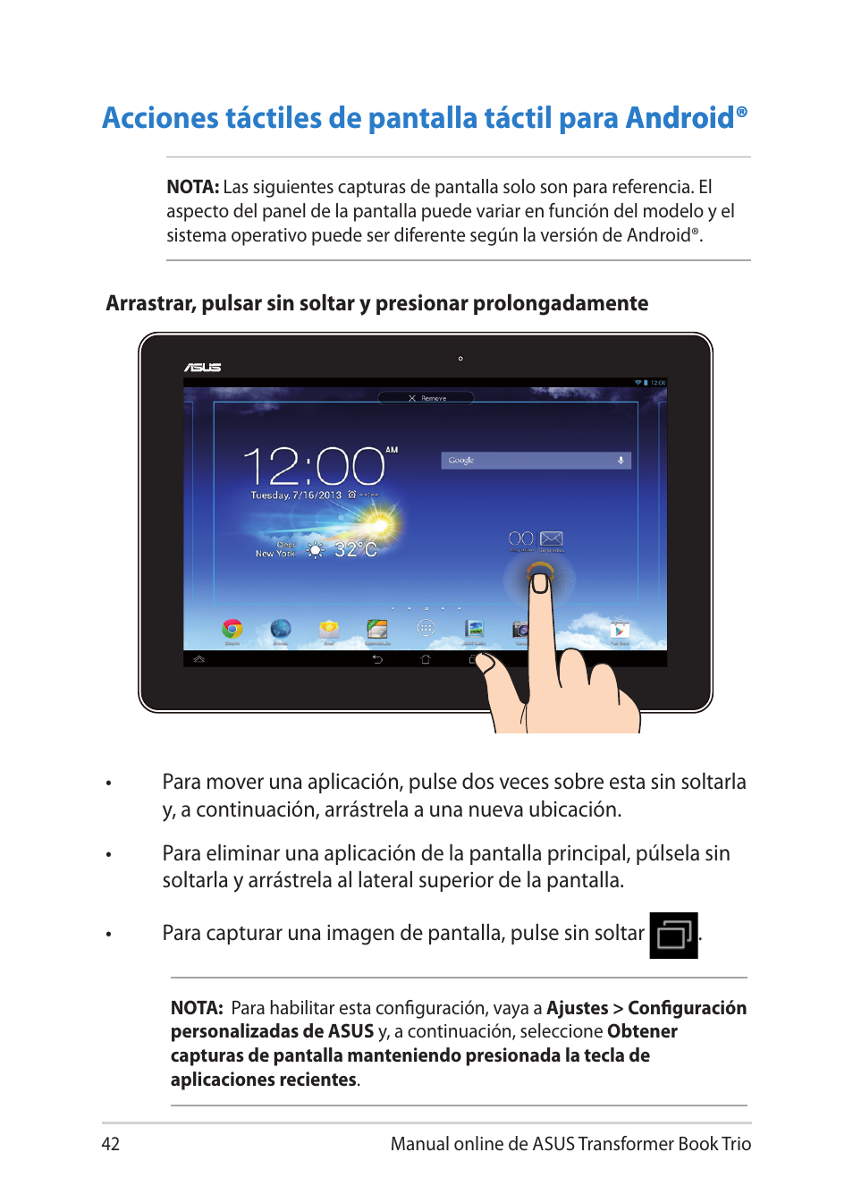 Acciones táctiles de pantalla táctil para android | Asus TX201LA User Manual | Page 42 / 152