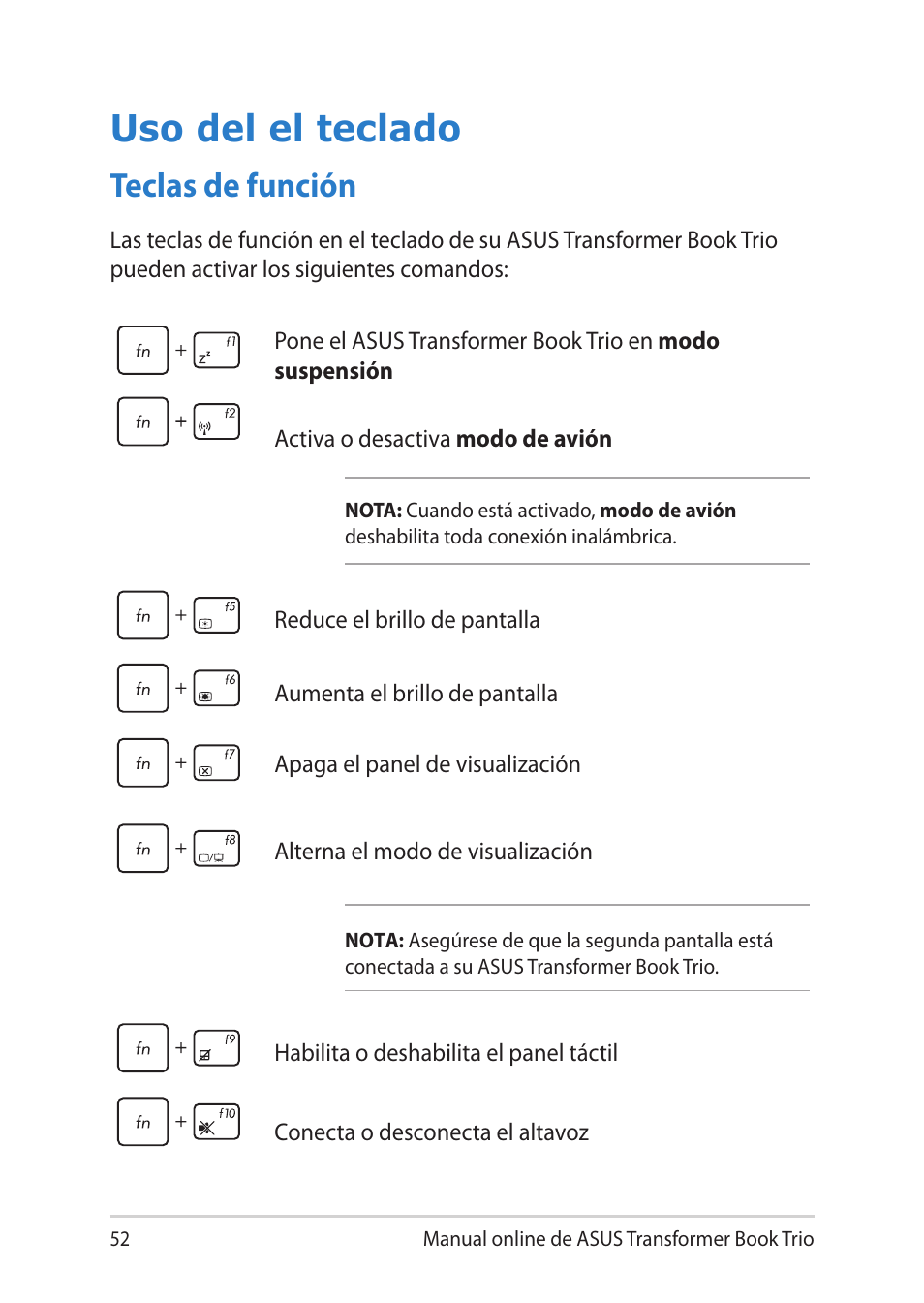 Uso del el teclado, Teclas de función | Asus TX201LA User Manual | Page 52 / 152