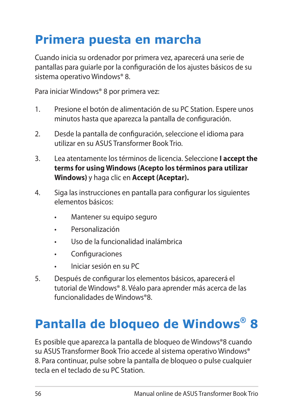 Primera puesta en marcha, Pantalla de bloqueo de windows® 8, Pantalla de bloqueo de windows | Asus TX201LA User Manual | Page 56 / 152