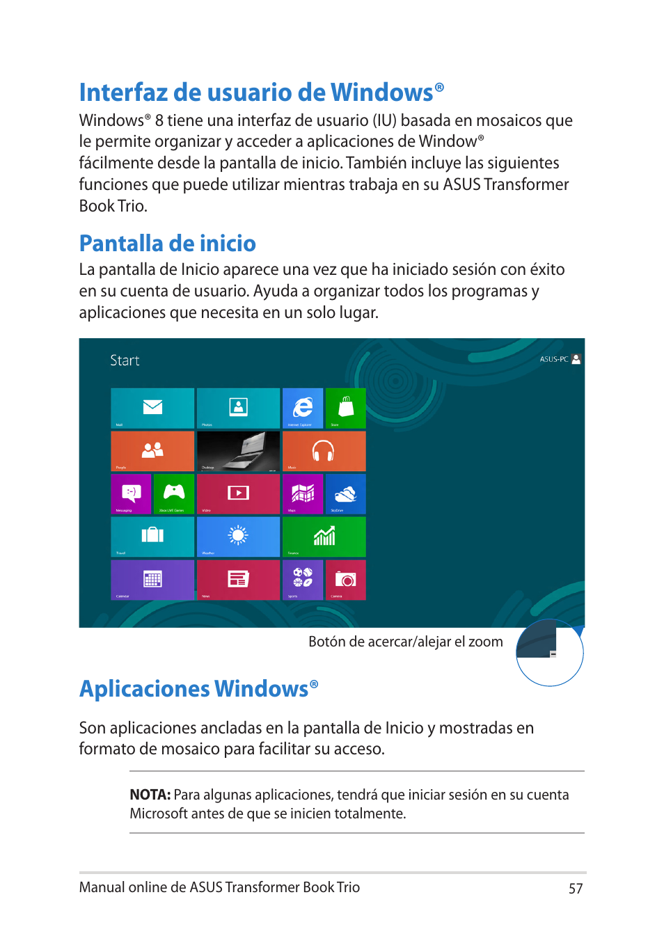 Interfaz de usuario de windows, Pantalla de inicio, Aplicaciones windows | Pantalla de inicio aplicaciones windows | Asus TX201LA User Manual | Page 57 / 152