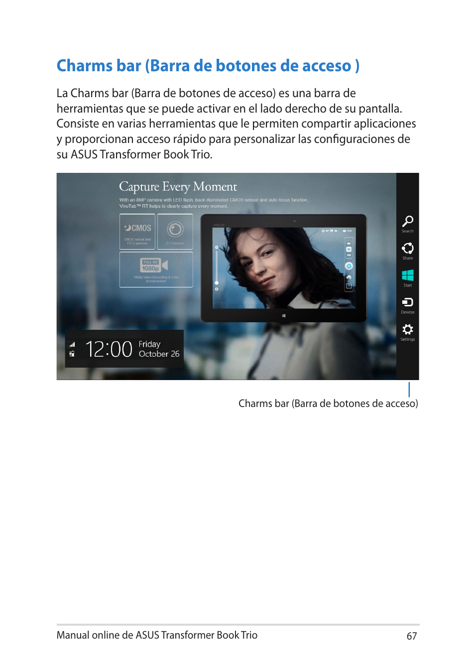 Charms bar (barra de botones de acceso ) | Asus TX201LA User Manual | Page 67 / 152