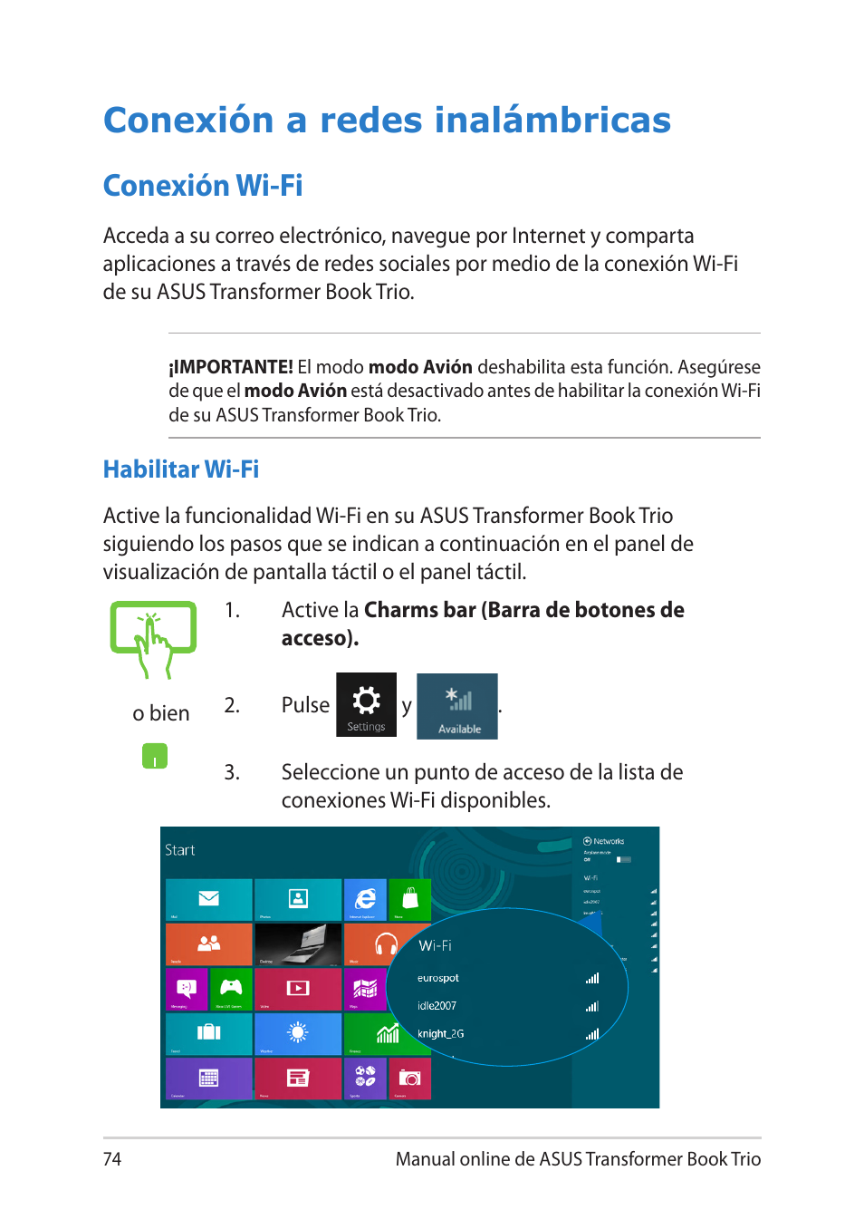 Conexión a redes inalámbricas, Conexión wi-fi | Asus TX201LA User Manual | Page 74 / 152