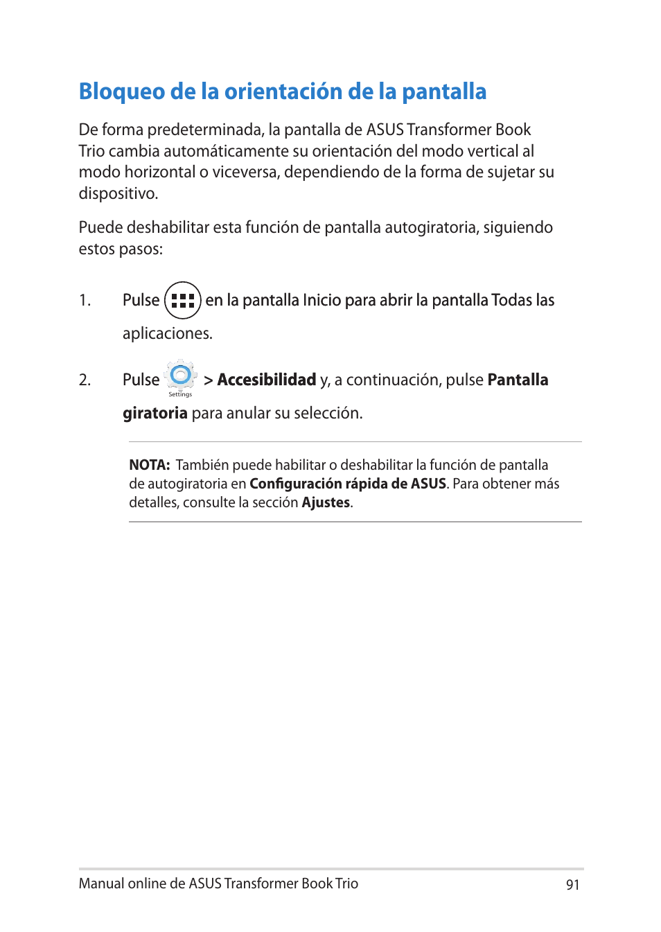 Bloqueo de la orientación de la pantalla, Manual online de asus transformer book trio 1 | Asus TX201LA User Manual | Page 91 / 152