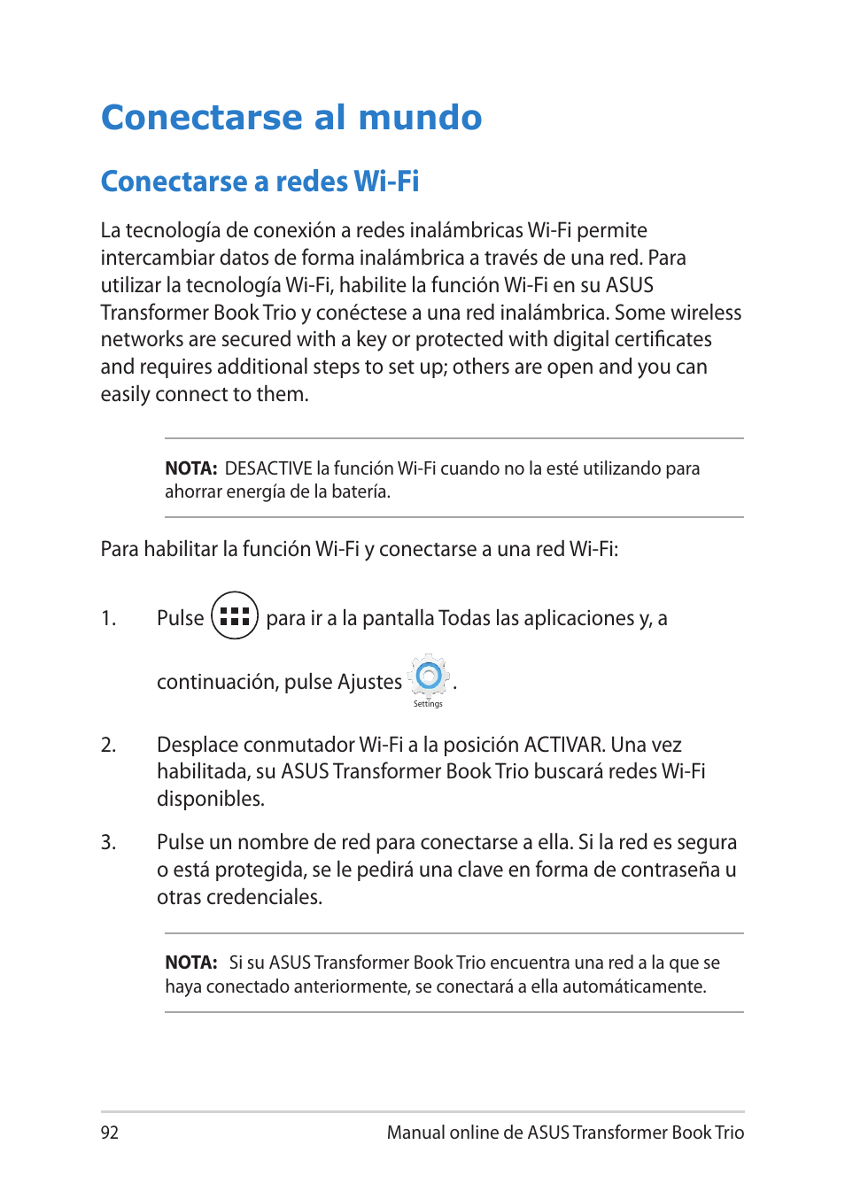 Conectarse al mundo, Conectarse a redes wi-fi, Manual online de asus transformer book trio | Asus TX201LA User Manual | Page 92 / 152