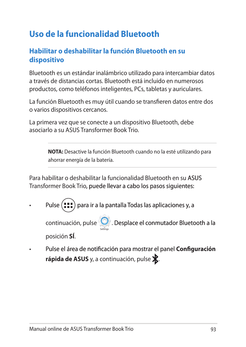 Uso de la funcionalidad bluetooth, Para ir a la pantalla todas las aplicaciones y, a, Manual online de asus transformer book trio 3 | Asus TX201LA User Manual | Page 93 / 152