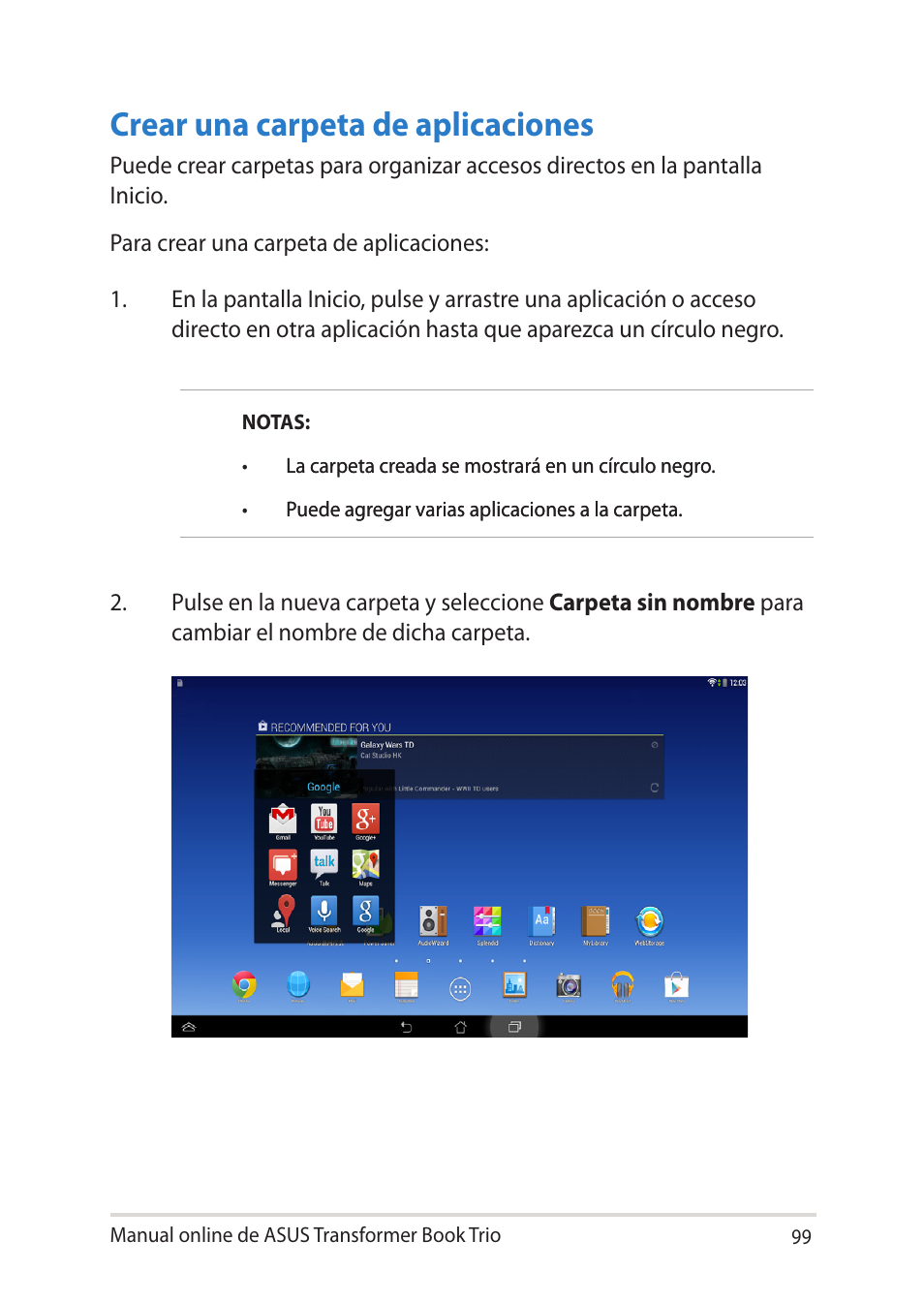 Crear una carpeta de aplicaciones | Asus TX201LA User Manual | Page 99 / 152