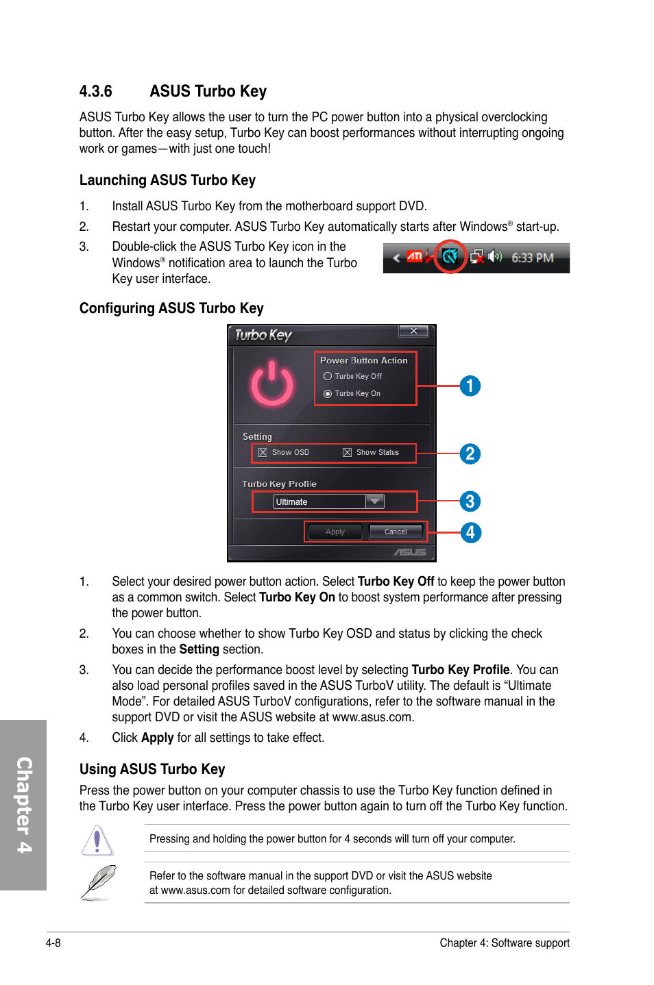 6 asus turbo key, Asus turbo key -8, Chapter 4 | Asus P7H55-M PRO User Manual | Page 104 / 110