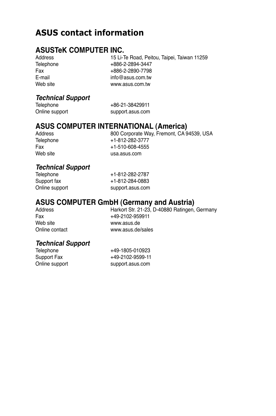 Asus contact information, Asustek computer inc, Asus computer international (america) | Asus computer gmbh (germany and austria), Technical support | Asus P7H55-M PRO User Manual | Page 109 / 110