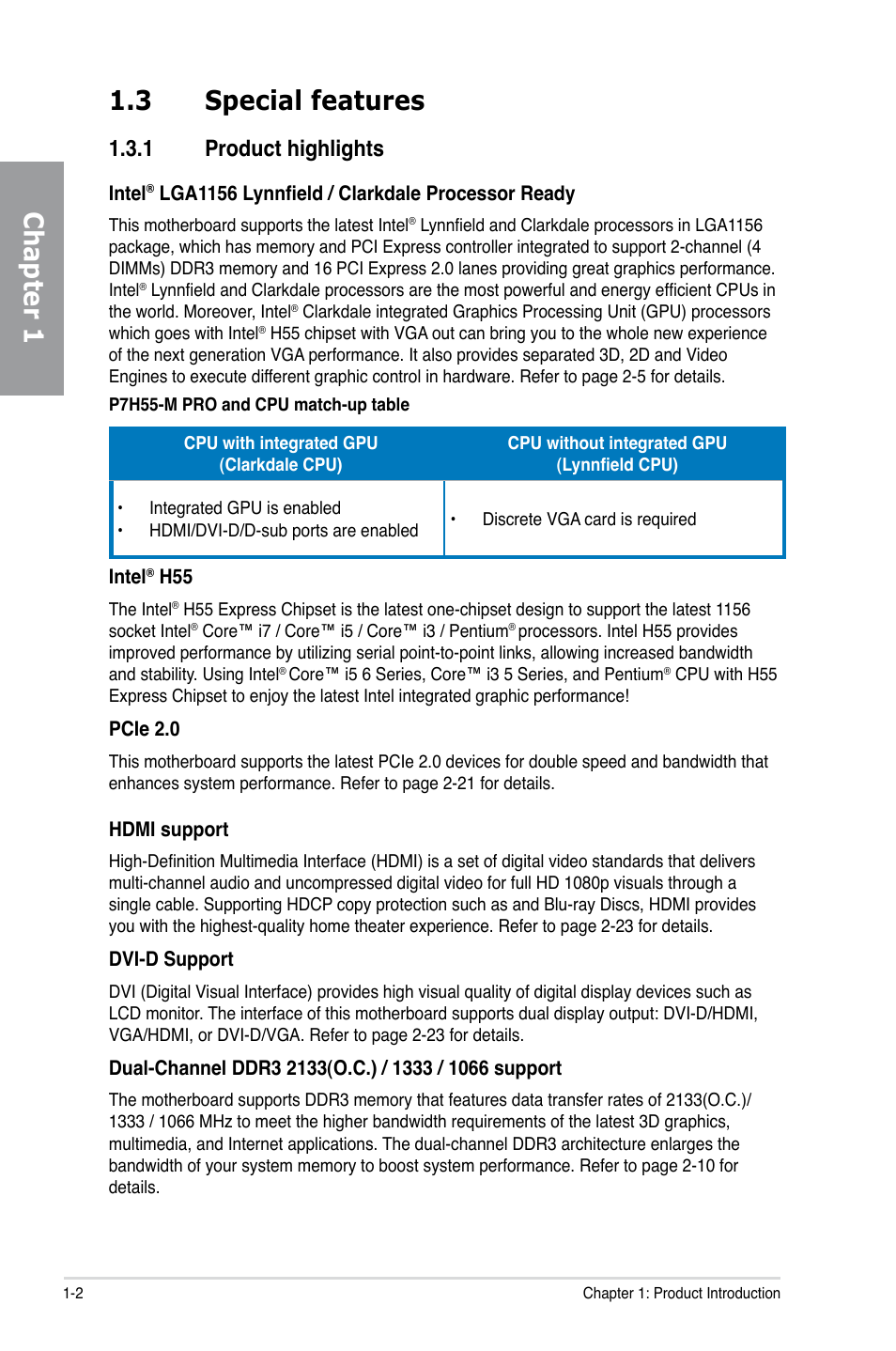 3 special features, 1 product highlights, Special features -2 1.3.1 | Product highlights -2, Chapter 1 1.3 special features | Asus P7H55-M PRO User Manual | Page 16 / 110