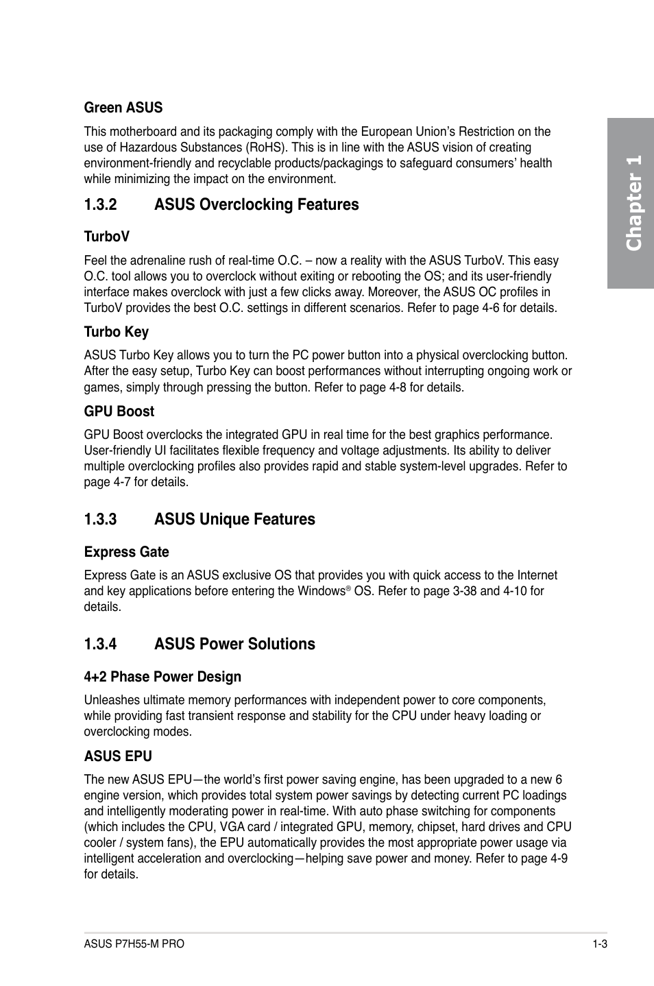 2 asus overclocking features, 3 asus unique features, 4 asus power solutions | Asus overclocking features -3, Asus unique features -3, Asus power solutions -3, Chapter 1 | Asus P7H55-M PRO User Manual | Page 17 / 110