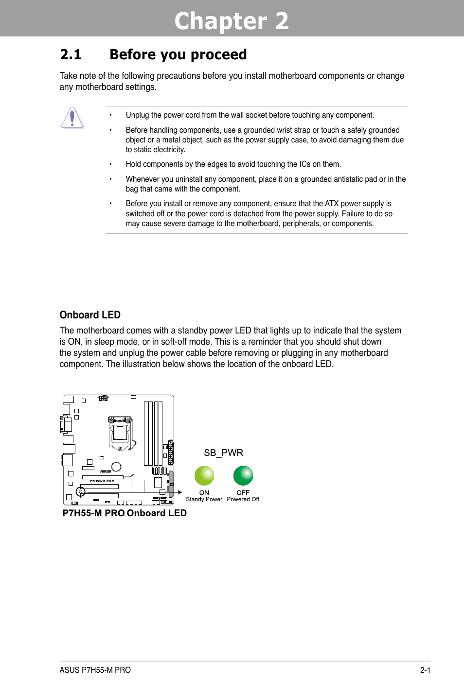 Chapter 2: hardware information, 1 before you proceed, Chapter 2 | Hardware information, Before you proceed -1 | Asus P7H55-M PRO User Manual | Page 21 / 110