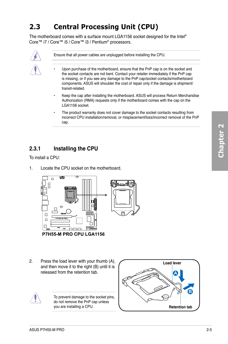 3 central processing unit (cpu), 1 installing the cpu, Central processing unit (cpu) -5 2.3.1 | Installing the cpu -5, Chapter 2 2.3 central processing unit (cpu) | Asus P7H55-M PRO User Manual | Page 25 / 110