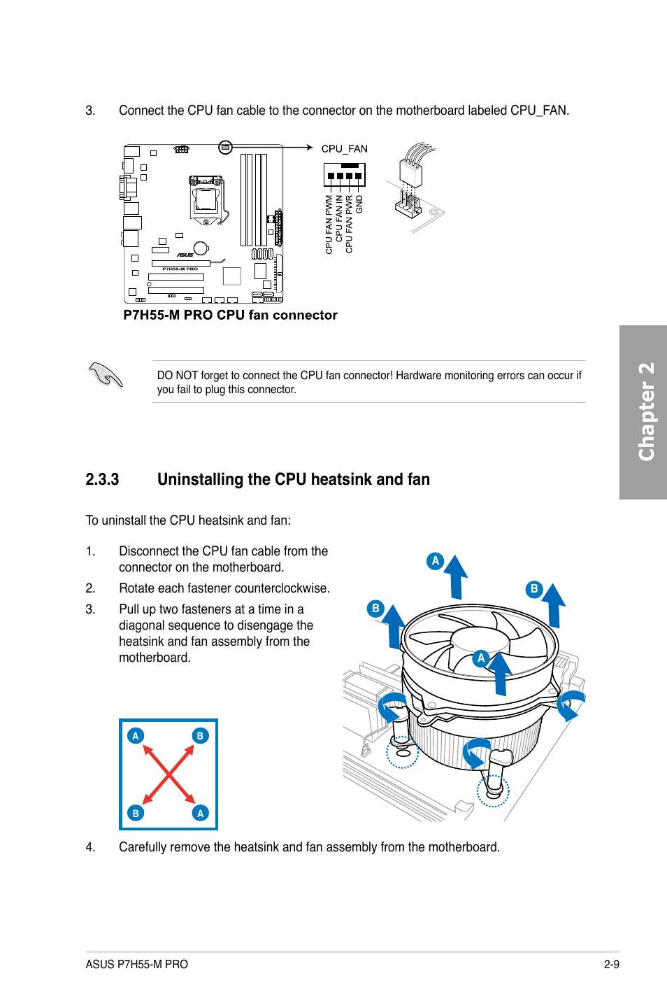 3 uninstalling the cpu heatsink and fan, Uninstalling the cpu heatsink and fan -9, Chapter 2 | Asus P7H55-M PRO User Manual | Page 29 / 110