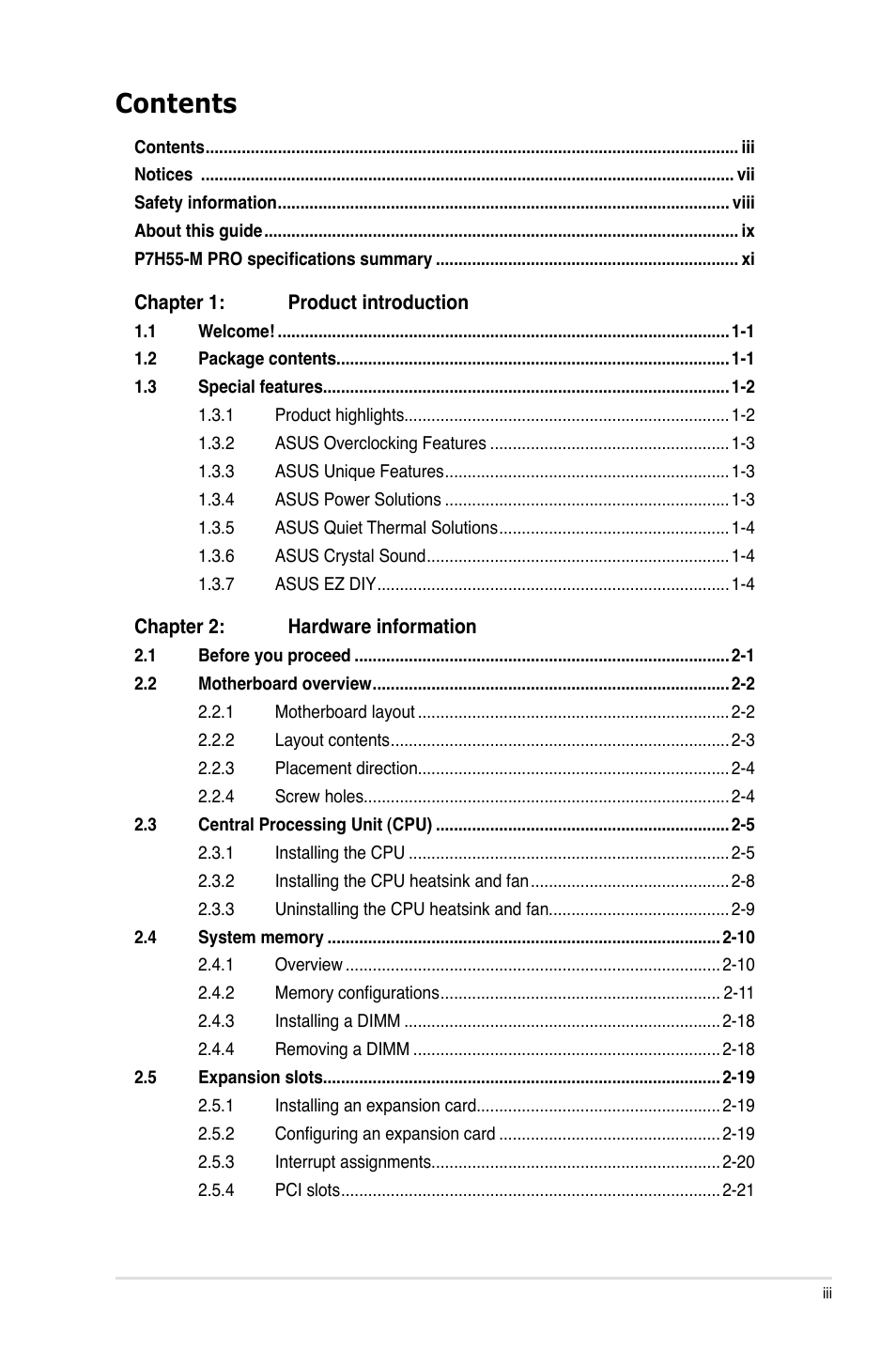 Asus P7H55-M PRO User Manual | Page 3 / 110