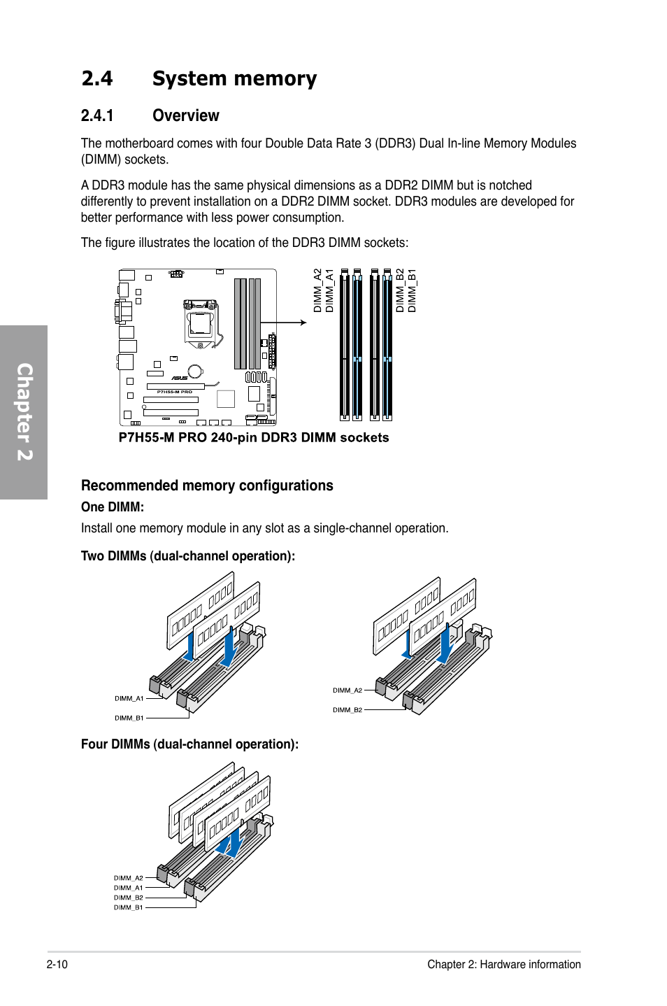 4 system memory, 1 overview, System memory -10 2.4.1 | Overview -10 | Asus P7H55-M PRO User Manual | Page 30 / 110