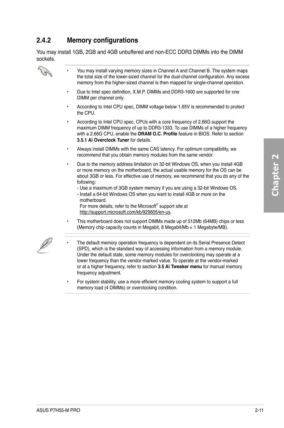 2 memory configurations, Memory configurations -11, Chapter 2 | Asus P7H55-M PRO User Manual | Page 31 / 110