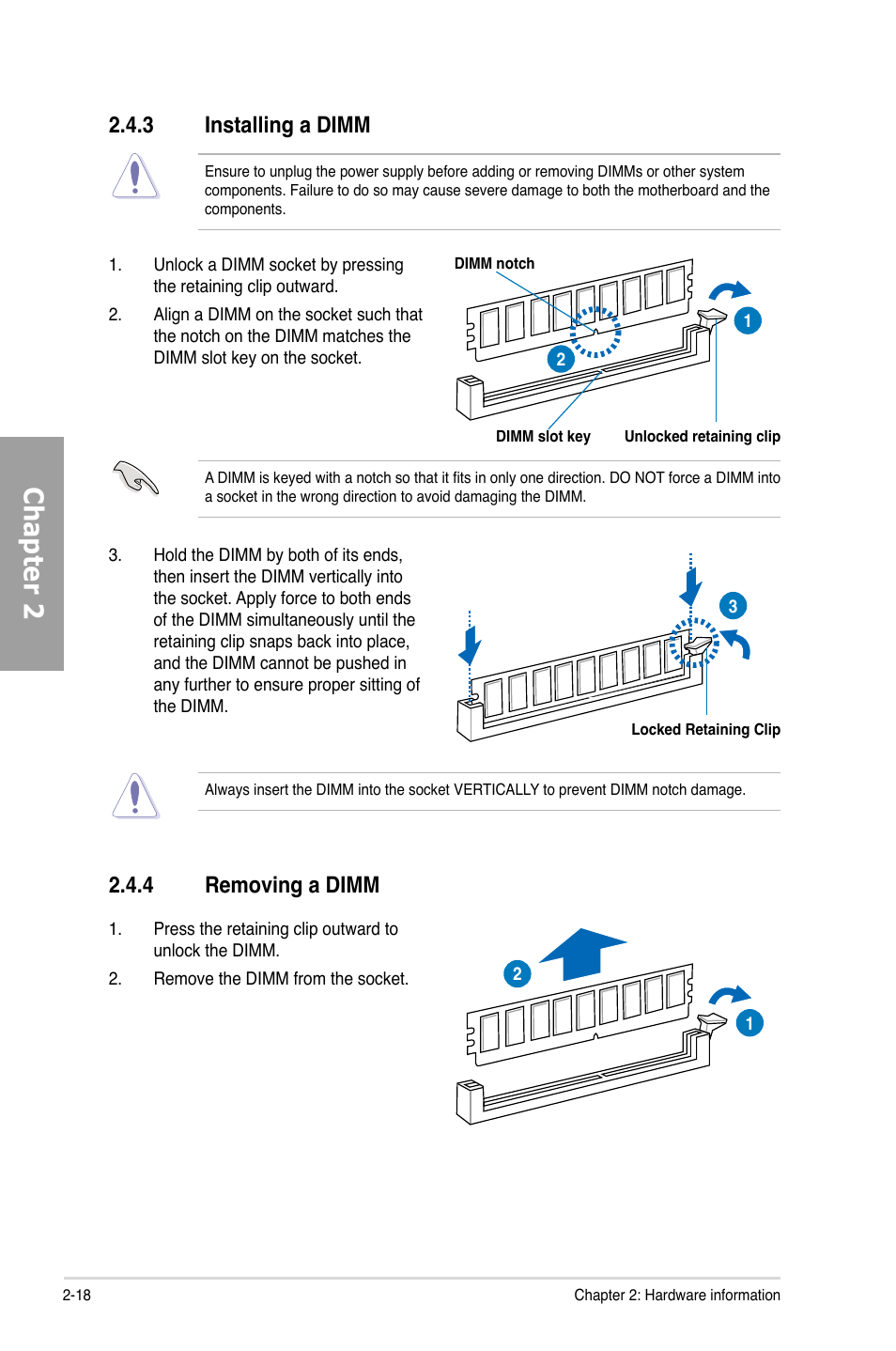 3 installing a dimm, 4 removing a dimm, Installing a dimm -18 | Removing a dimm -18, Chapter 2 | Asus P7H55-M PRO User Manual | Page 38 / 110