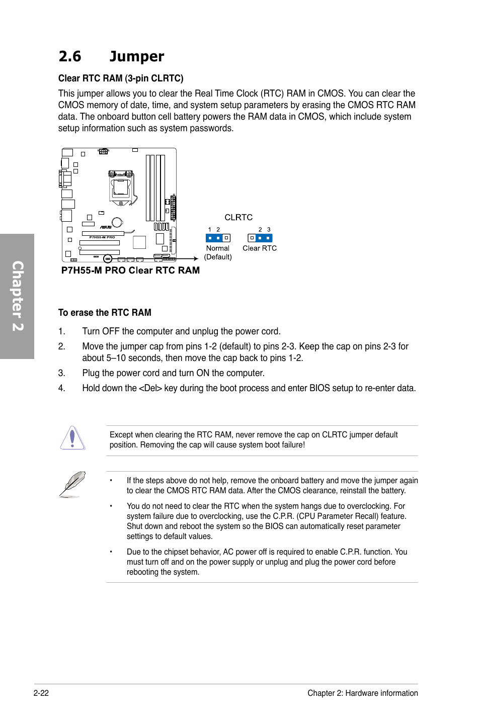 6 jumper, Jumper -22, Chapter 2 2.6 jumper | Asus P7H55-M PRO User Manual | Page 42 / 110