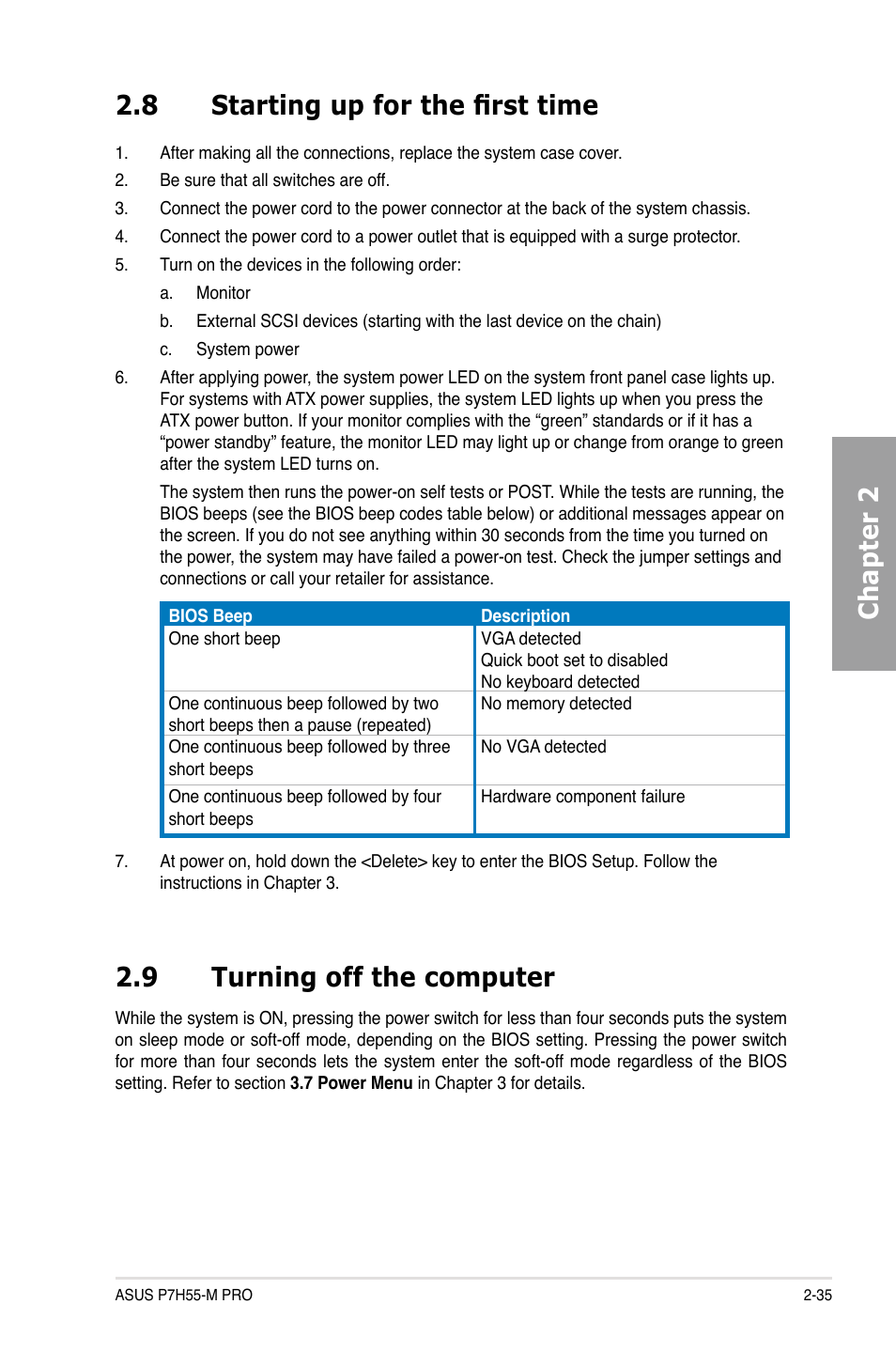 8 starting up for the first time, 9 turning off the computer, Starting up for the first time -35 | Turning off the computer -35, Chapter 2 2.8 starting up for the first time | Asus P7H55-M PRO User Manual | Page 55 / 110