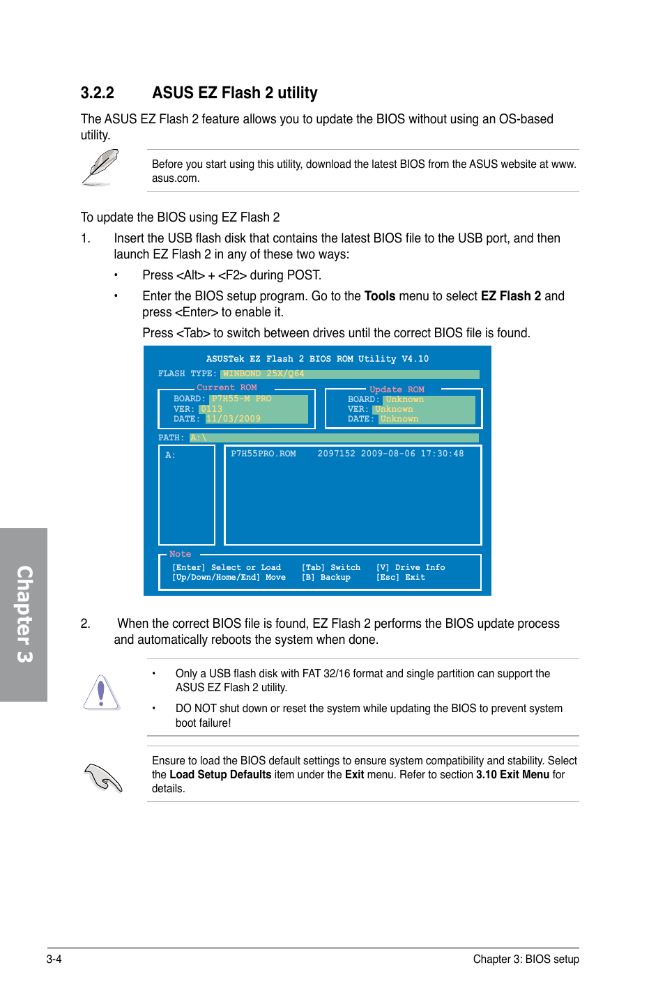 2 asus ez flash 2 utility, Asus ez flash 2 utility -4, Chapter 3 | Asus P7H55-M PRO User Manual | Page 60 / 110