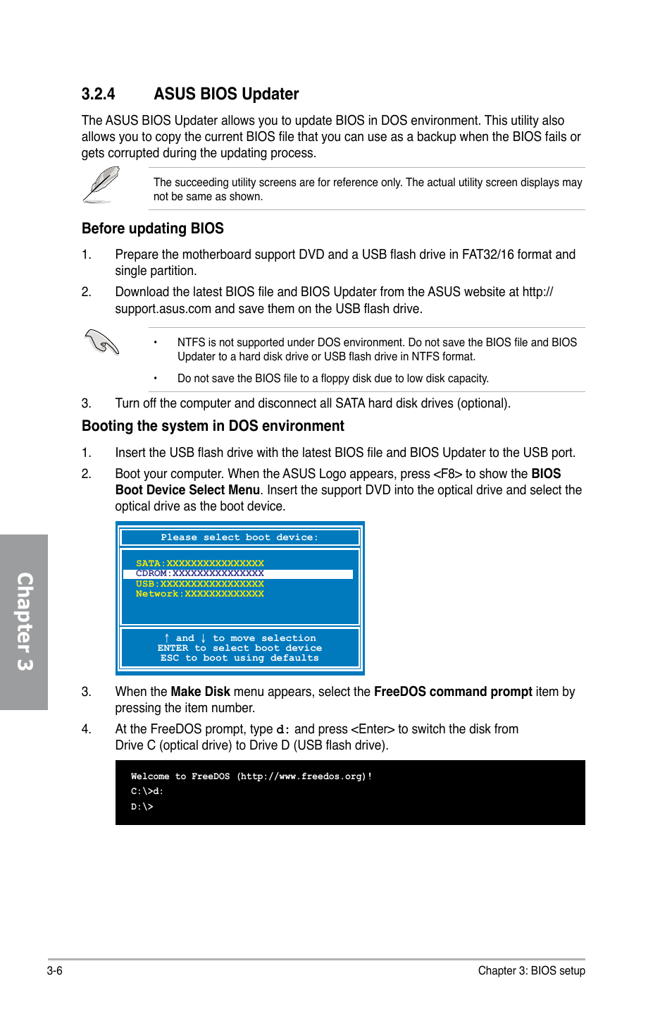 4 asus bios updater, Asus bios updater -6, Chapter 3 | Asus P7H55-M PRO User Manual | Page 62 / 110