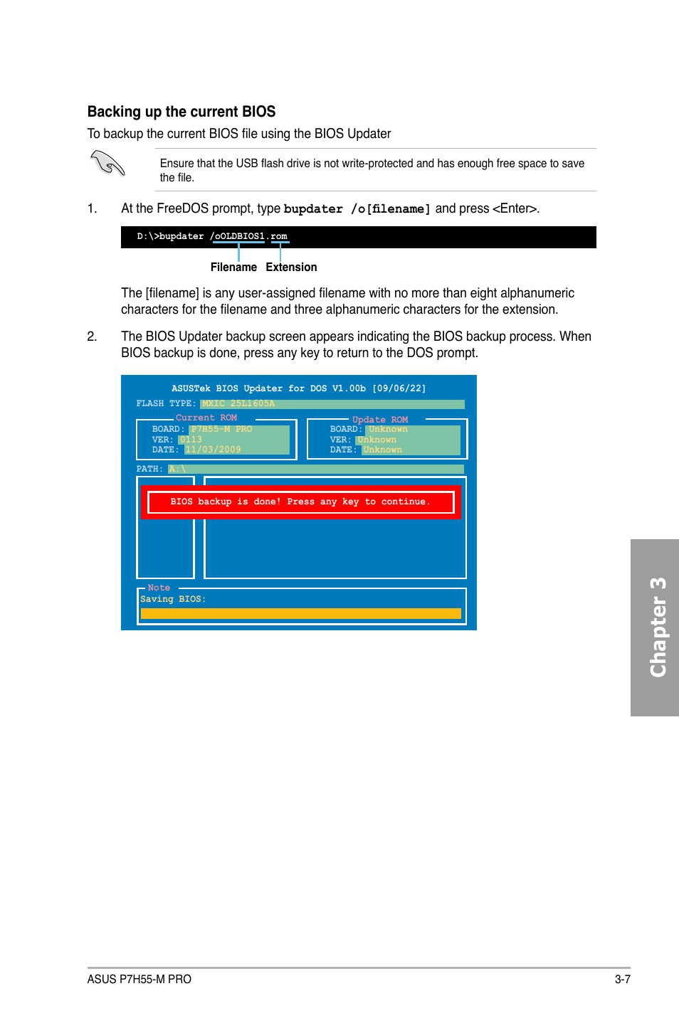 Chapter 3, Backing up the current bios | Asus P7H55-M PRO User Manual | Page 63 / 110