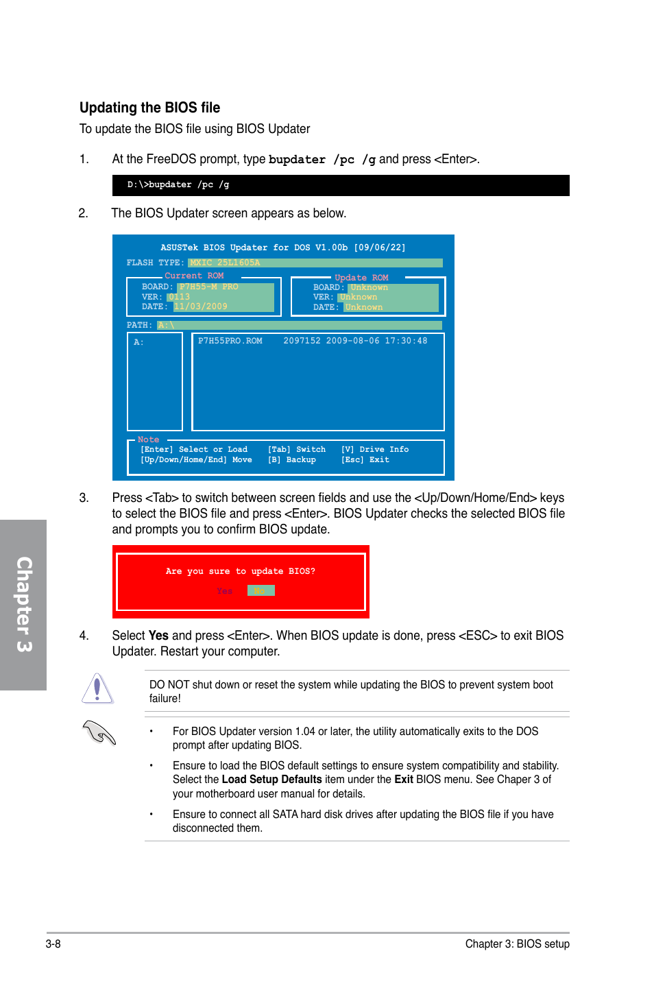 Chapter 3, Updating the bios file | Asus P7H55-M PRO User Manual | Page 64 / 110