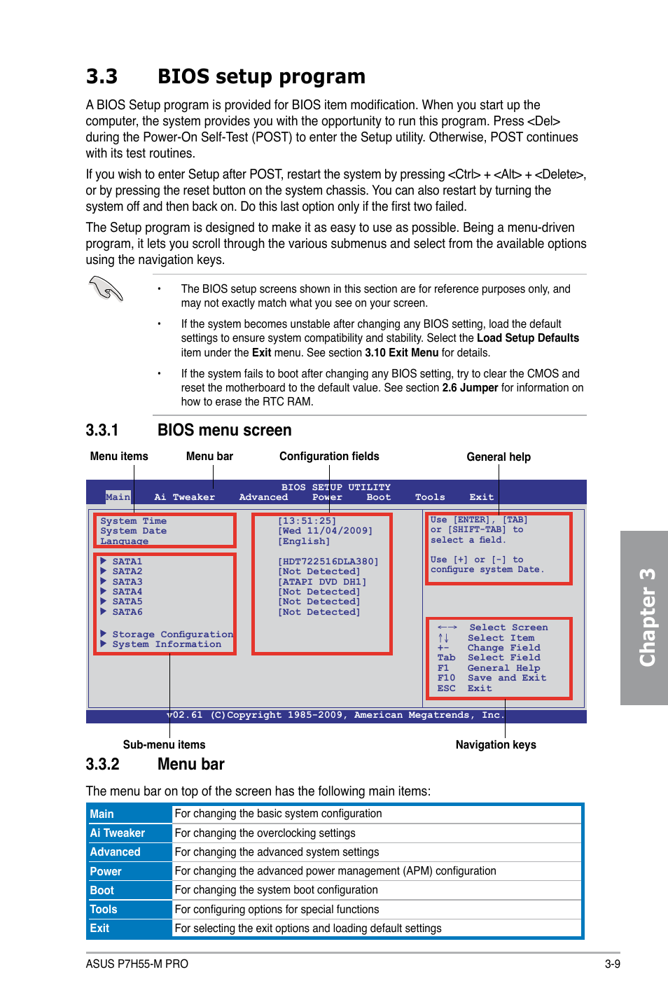 3 bios setup program, 1 bios menu screen, 2 menu bar | Bios setup program -9 3.3.1, Bios menu screen -9, Menu bar -9, Chapter 3 3.3 bios setup program, 1 bios menu screen 3.3.2 menu bar | Asus P7H55-M PRO User Manual | Page 65 / 110