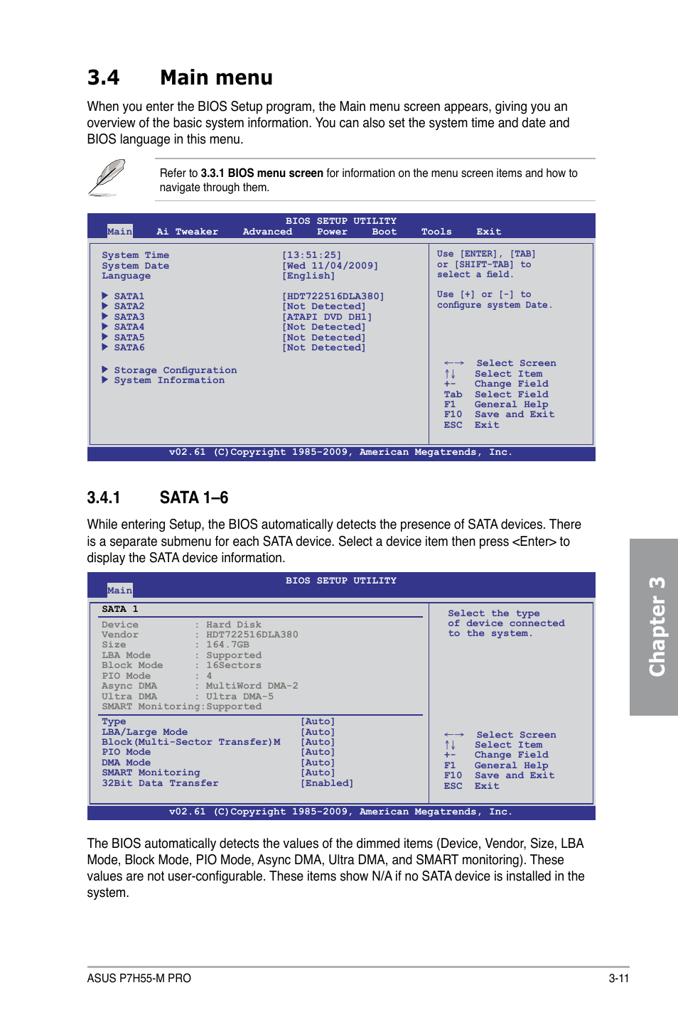 4 main menu, 1 sata 1–6, Main menu -11 3.4.1 | Sata 1–6 -11, Chapter 3 3.4 main menu | Asus P7H55-M PRO User Manual | Page 67 / 110