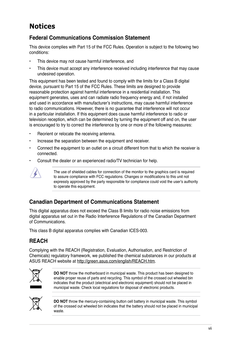 Notices, Federal communications commission statement, Canadian department of communications statement | Reach | Asus P7H55-M PRO User Manual | Page 7 / 110