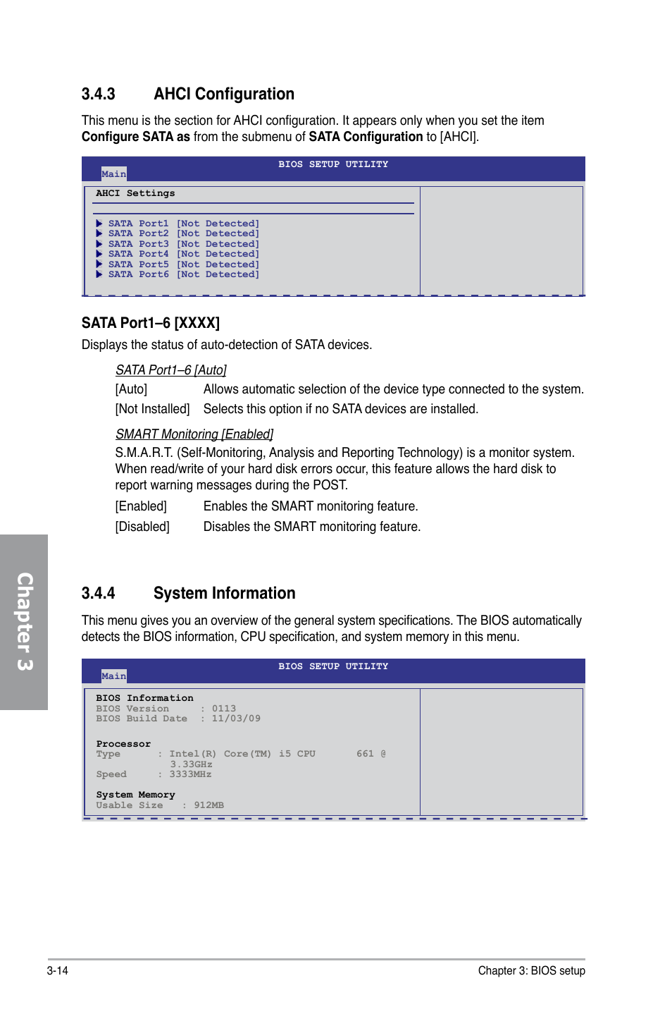 3 ahci configuration, 4 system information, Ahci configuration -14 | System information -14, Chapter 3 | Asus P7H55-M PRO User Manual | Page 70 / 110