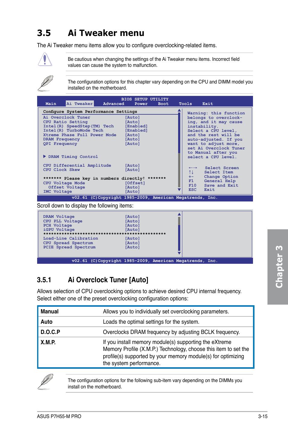 5 ai tweaker menu, 1 ai overclock tuner [auto, Ai tweaker menu -15 3.5.1 | Ai overclock tuner -15, Chapter 3 3.5 ai tweaker menu, Scroll down to display the following items | Asus P7H55-M PRO User Manual | Page 71 / 110