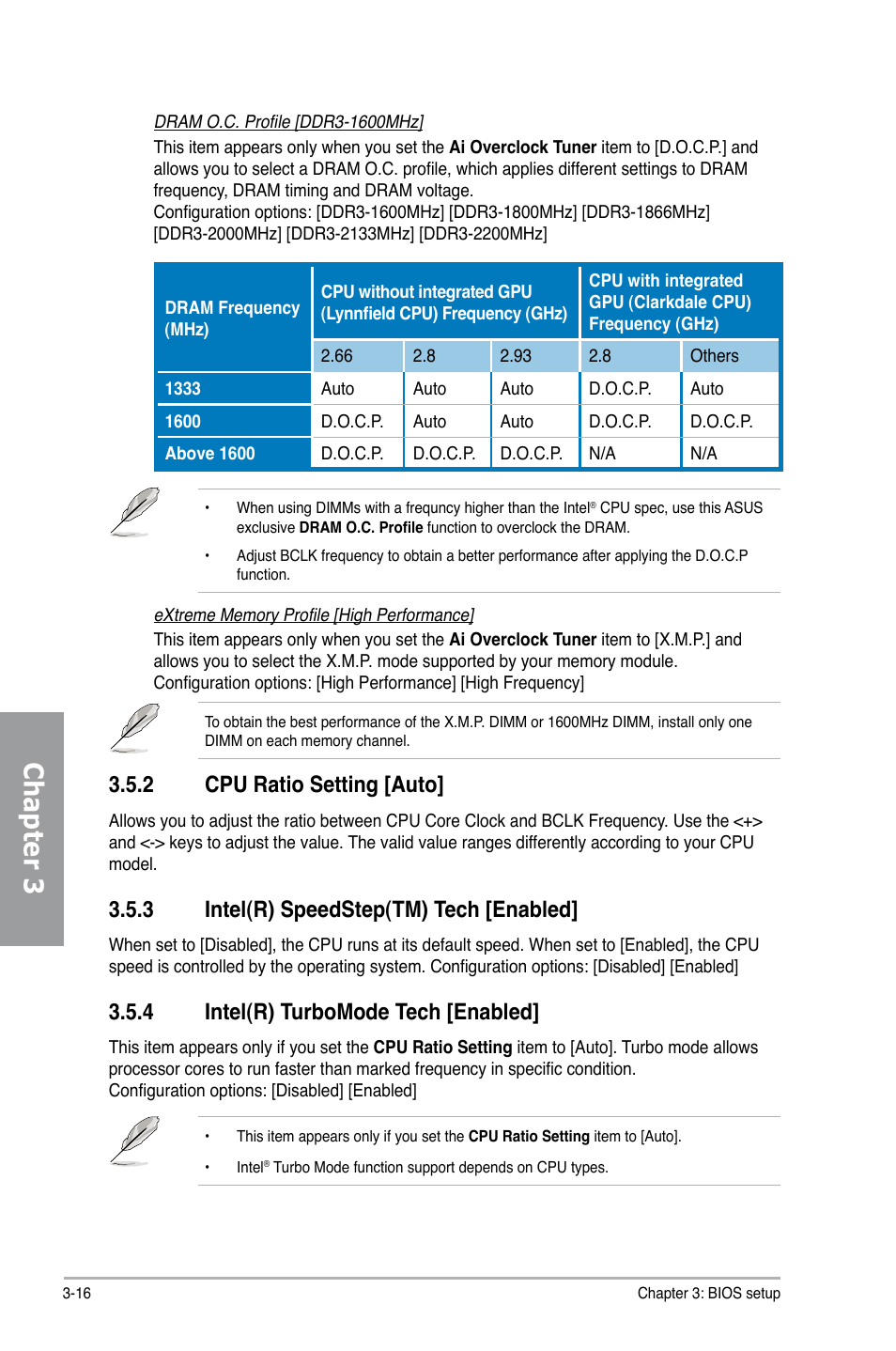 2 cpu ratio setting [auto, 3 intel(r) speedstep(tm) tech [enabled, 4 intel(r) turbomode tech [enabled | Cpu ratio setting -16, Intel(r) speedstep(tm) tech -16, Intel(r) turbomode tech -16, Chapter 3 | Asus P7H55-M PRO User Manual | Page 72 / 110