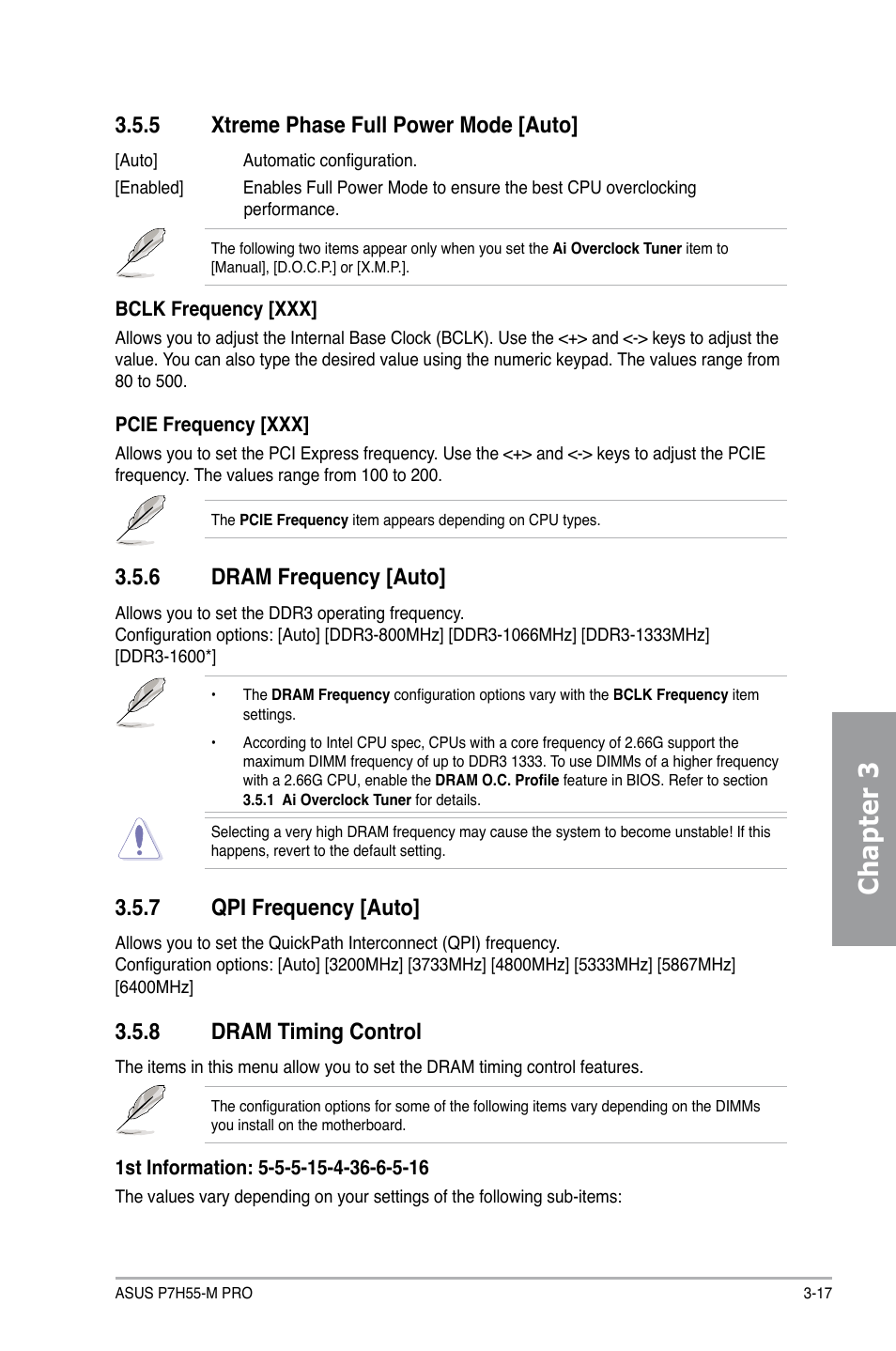 5 xtreme phase full power mode [auto, 6 dram frequency [auto, 7 qpi frequency [auto | 8 dram timing control, Xtreme phase full power mode -17, Dram frequency -17, Qpi frequency -17, Dram timing control -17, Chapter 3 | Asus P7H55-M PRO User Manual | Page 73 / 110