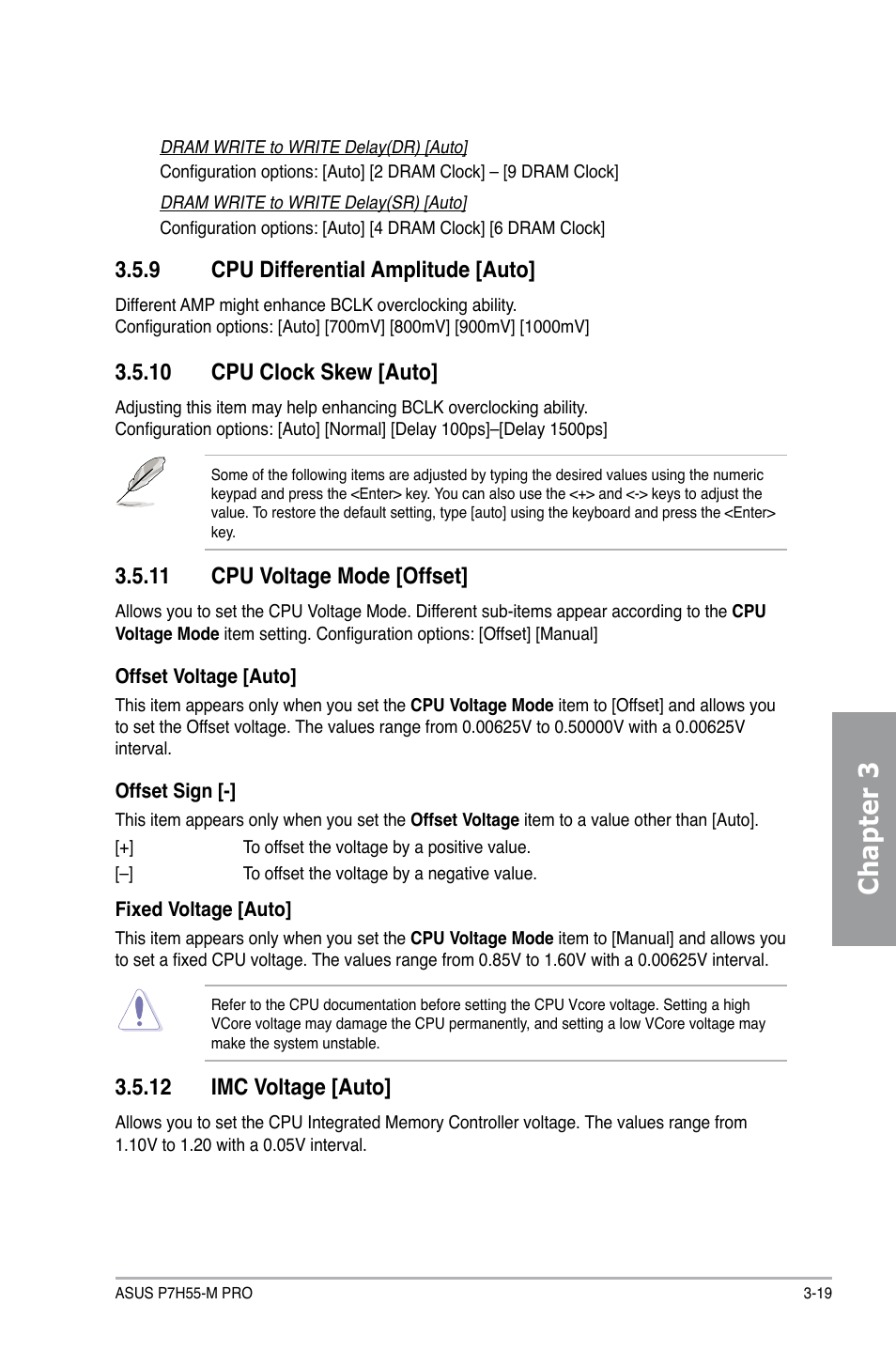 9 cpu differential amplitude [auto, 10 cpu clock skew [auto, 11 cpu voltage mode [offset | 12 imc voltage [auto, Cpu differential amplitude -19, Cpu clock skew -19, Cpu voltage mode -19, Imc voltage -19, Chapter 3 | Asus P7H55-M PRO User Manual | Page 75 / 110