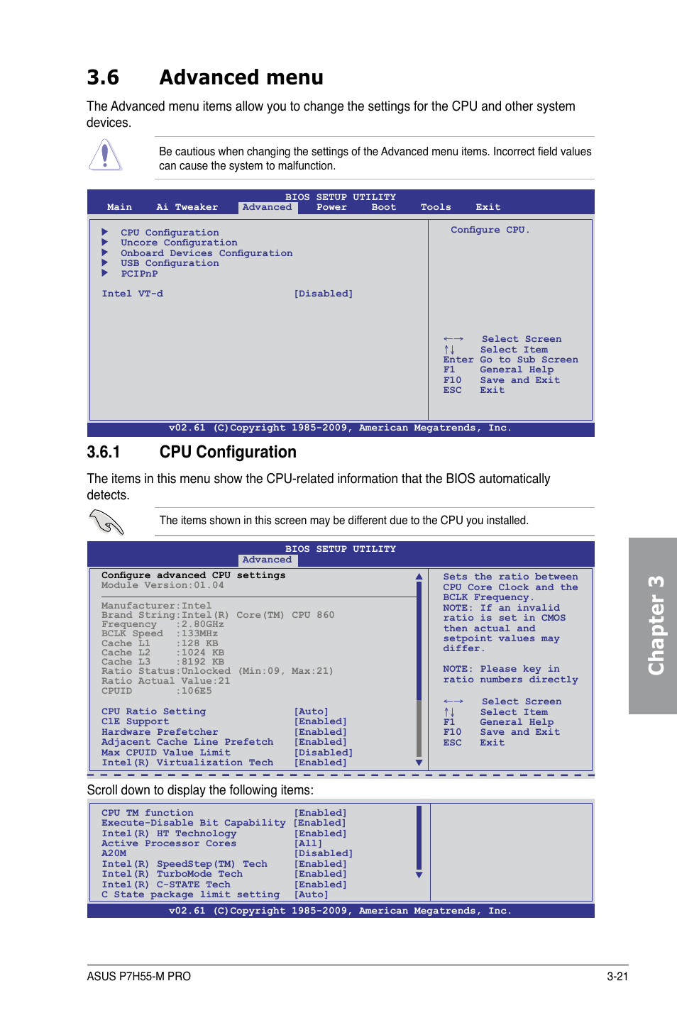 6 advanced menu, 1 cpu configuration, Advanced menu -21 3.6.1 | Cpu configuration -21, Chapter 3, Scroll down to display the following items | Asus P7H55-M PRO User Manual | Page 77 / 110