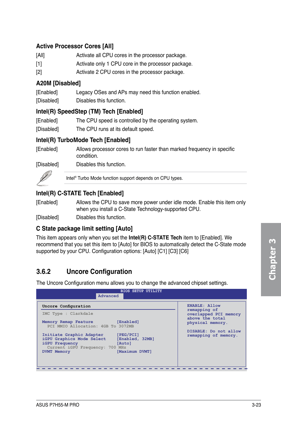 2 uncore configuration, Uncore configuration -23, Chapter 3 | Active processor cores [all, A20m [disabled, Intel(r) speedstep (tm) tech [enabled, Intel(r) turbomode tech [enabled, Intel(r) c-state tech [enabled, C state package limit setting [auto | Asus P7H55-M PRO User Manual | Page 79 / 110