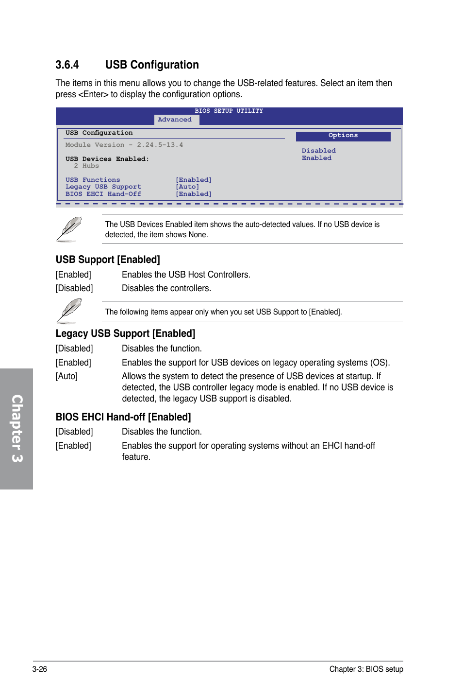 4 usb configuration, Usb configuration -26, Chapter 3 | Usb support [enabled, Legacy usb support [enabled, Bios ehci hand-off [enabled | Asus P7H55-M PRO User Manual | Page 82 / 110