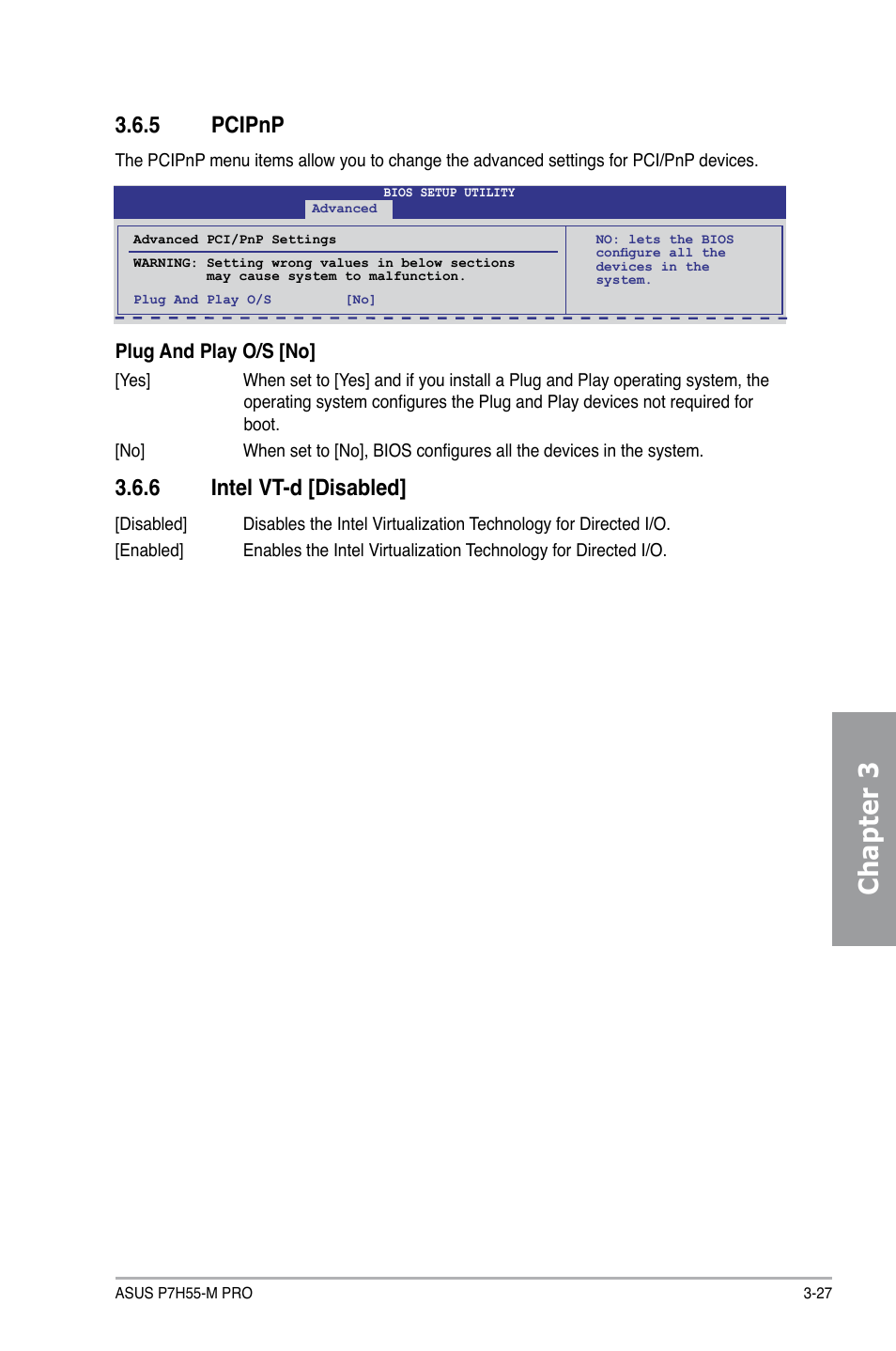 5 pcipnp, 6 intel vt-d [disabled, Pcipnp -27 | Intel vt-d -27, Chapter 3 | Asus P7H55-M PRO User Manual | Page 83 / 110