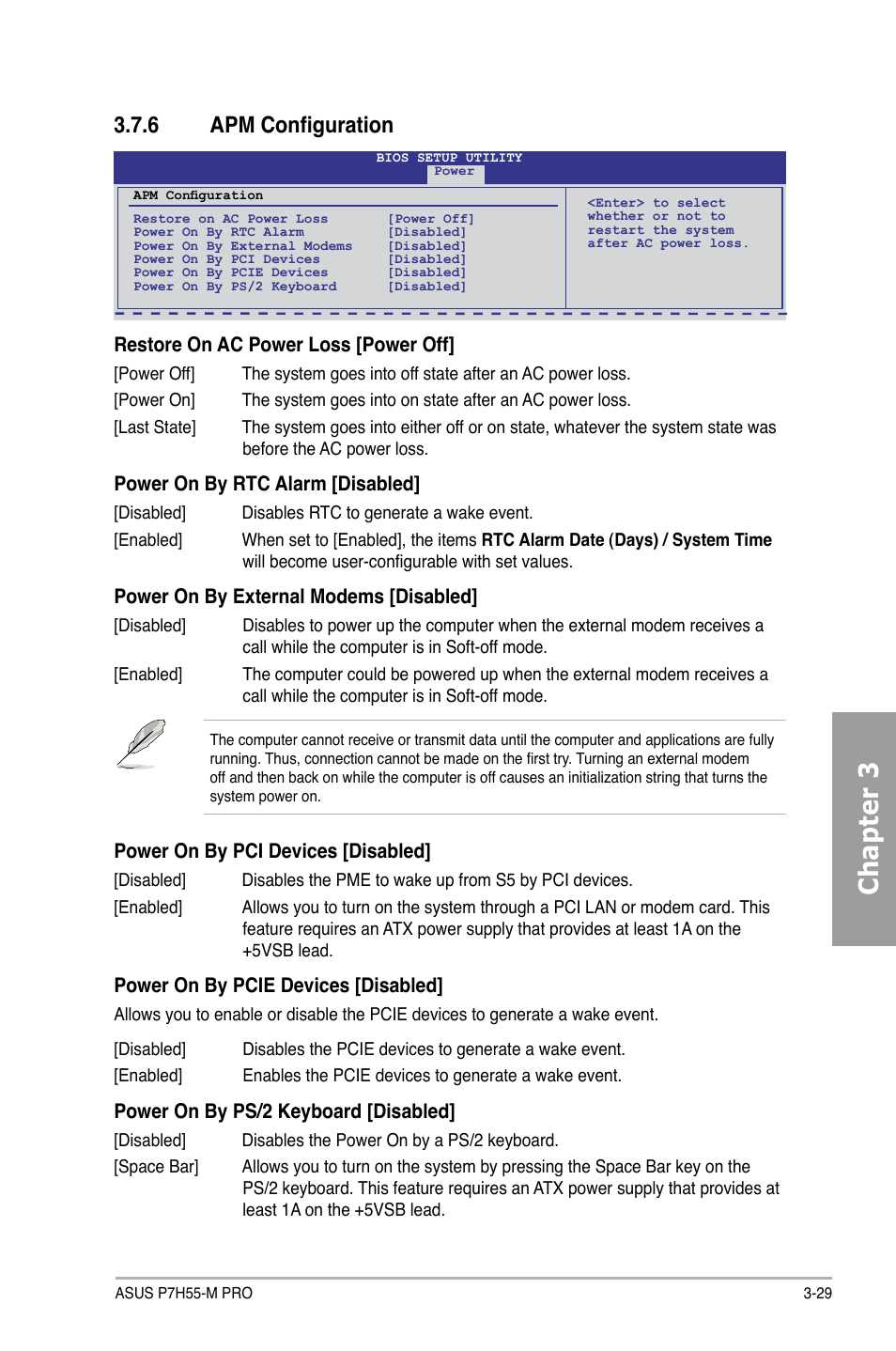 6 apm configuration, Apm configuration -29, Chapter 3 | Asus P7H55-M PRO User Manual | Page 85 / 110