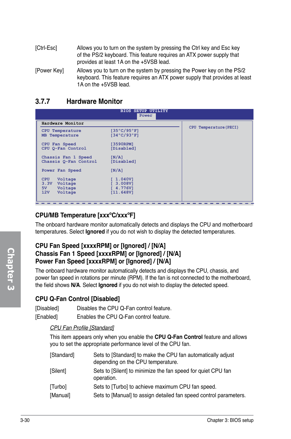 7 hardware monitor, Hardware monitor -30, Chapter 3 | Cpu/mb temperature [xxxºc/xxxºf, Cpu q-fan control [disabled | Asus P7H55-M PRO User Manual | Page 86 / 110