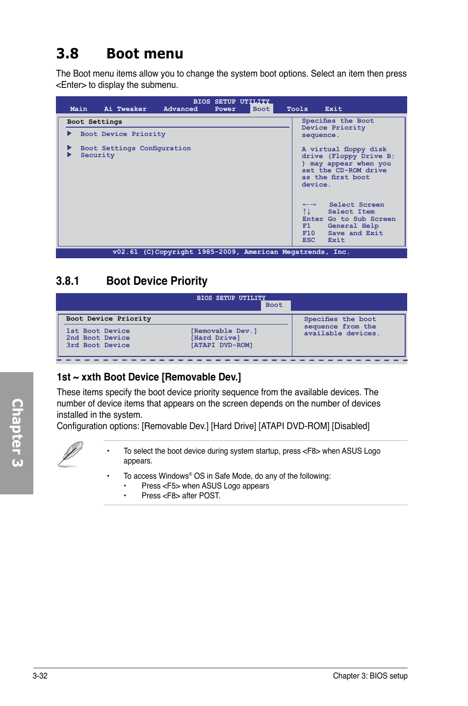 8 boot menu, 1 boot device priority, Boot menu -32 3.8.1 | Boot device priority -32, Chapter 3 3.8 boot menu, 1st ~ xxth boot device [removable dev | Asus P7H55-M PRO User Manual | Page 88 / 110