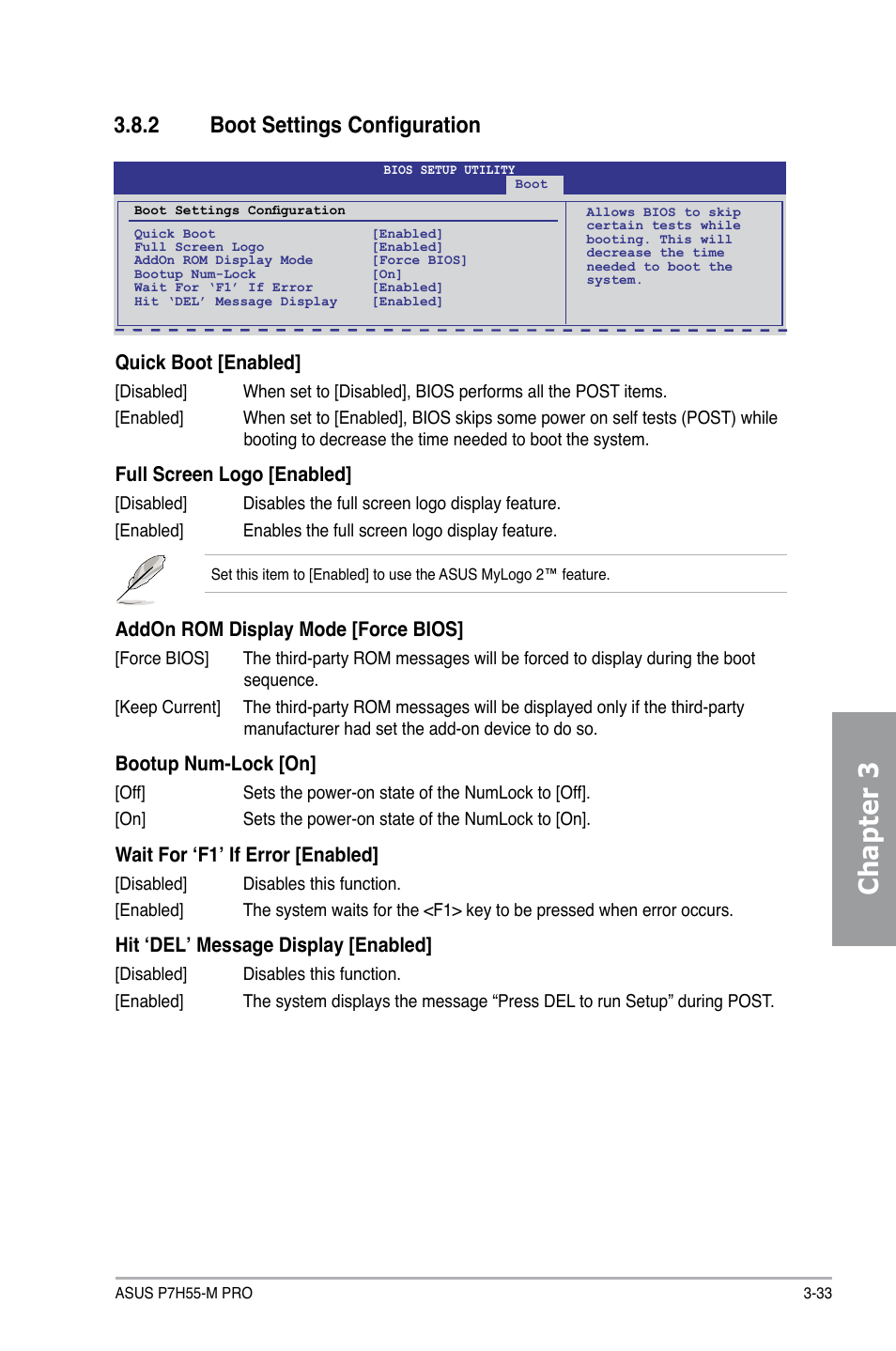 2 boot settings configuration, Boot settings configuration -33, Chapter 3 | Quick boot [enabled, Full screen logo [enabled, Addon rom display mode [force bios, Bootup num-lock [on, Wait for ‘f1’ if error [enabled, Hit ‘del’ message display [enabled | Asus P7H55-M PRO User Manual | Page 89 / 110