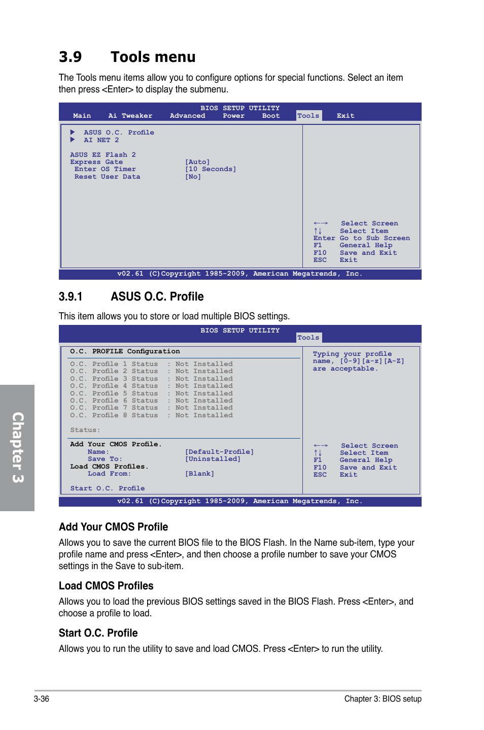 9 tools menu, 1 asus o.c. profile, Tools menu -36 3.9.1 | Asus o.c. profile -36, Chapter 3 3.9 tools menu, Add your cmos profile, Load cmos profiles, Start o.c. profile | Asus P7H55-M PRO User Manual | Page 92 / 110