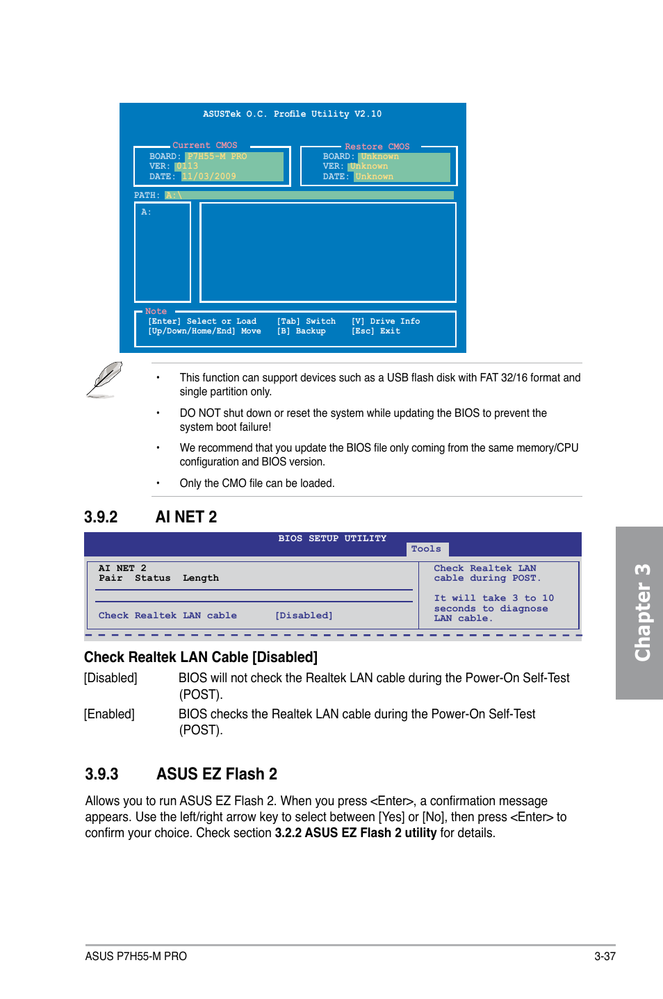 2 ai net 2, 3 asus ez flash 2, Ai net 2 -37 | Asus ez flash 2 -37, Chapter 3, Check realtek lan cable [disabled | Asus P7H55-M PRO User Manual | Page 93 / 110