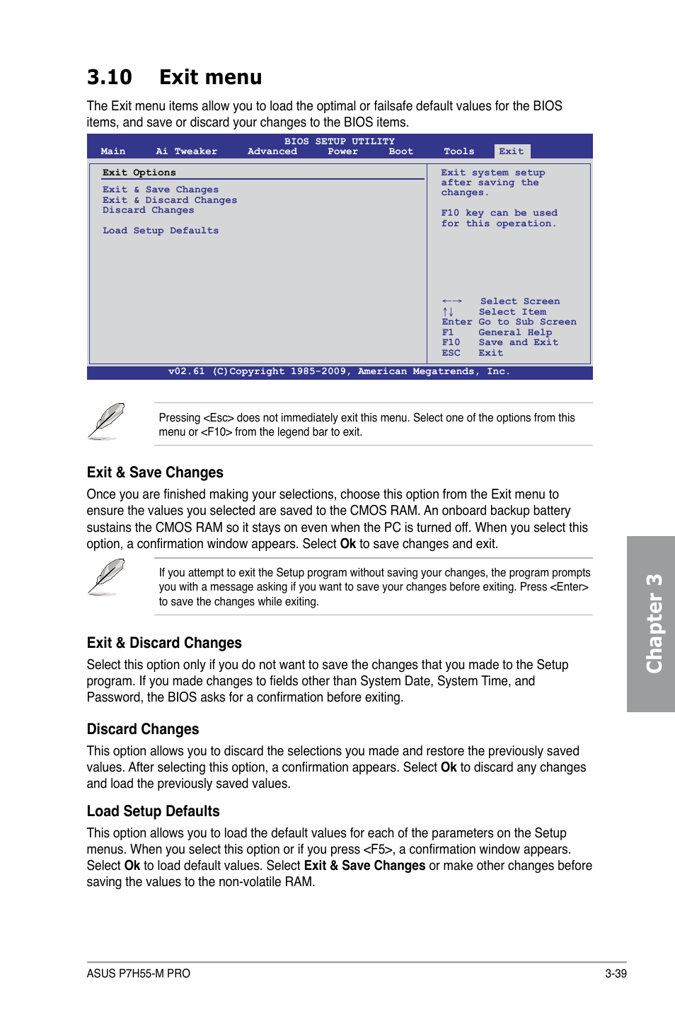 10 exit menu, Exit menu -39, Chapter 3 3.10 exit menu | Exit & save changes, Exit & discard changes, Discard changes, Load setup defaults | Asus P7H55-M PRO User Manual | Page 95 / 110