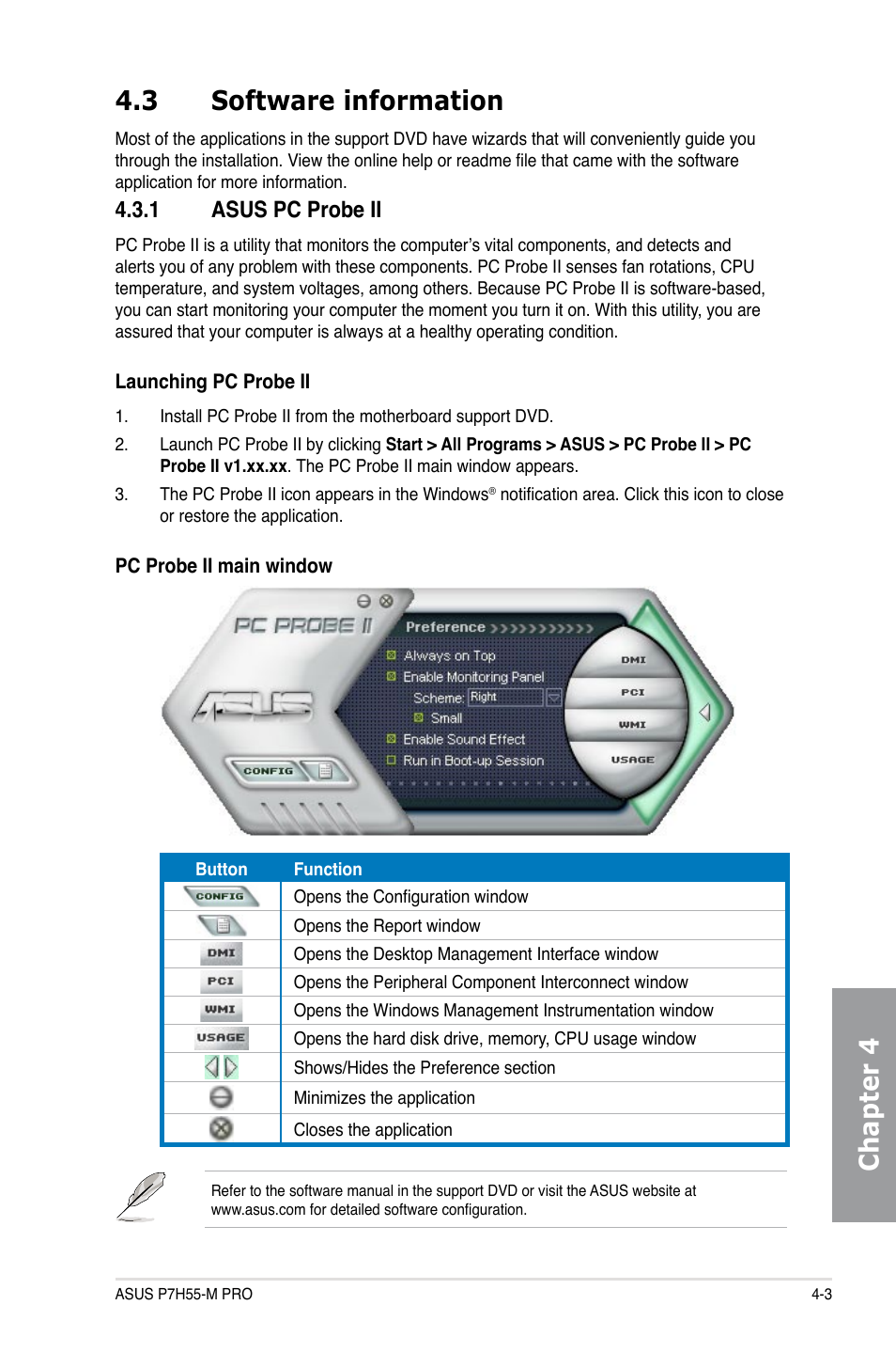 3 software information, 1 asus pc probe ii, Software information -3 4.3.1 | Asus pc probe ii -3, Chapter 4 4.3 software information | Asus P7H55-M PRO User Manual | Page 99 / 110