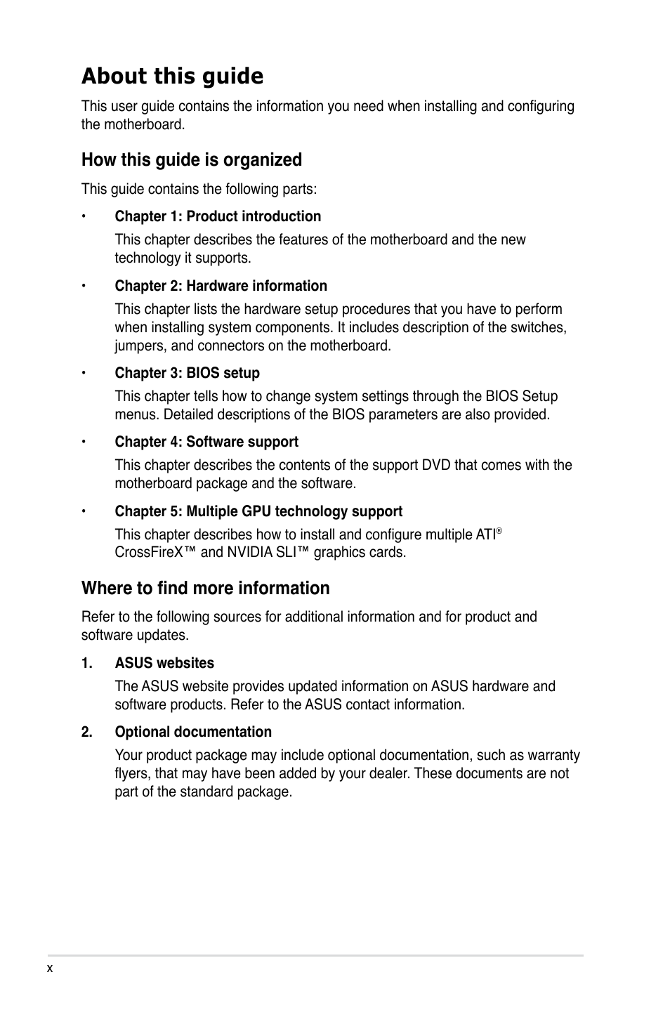 About this guide, How this guide is organized, Where to find more information | Asus P6T User Manual | Page 10 / 188